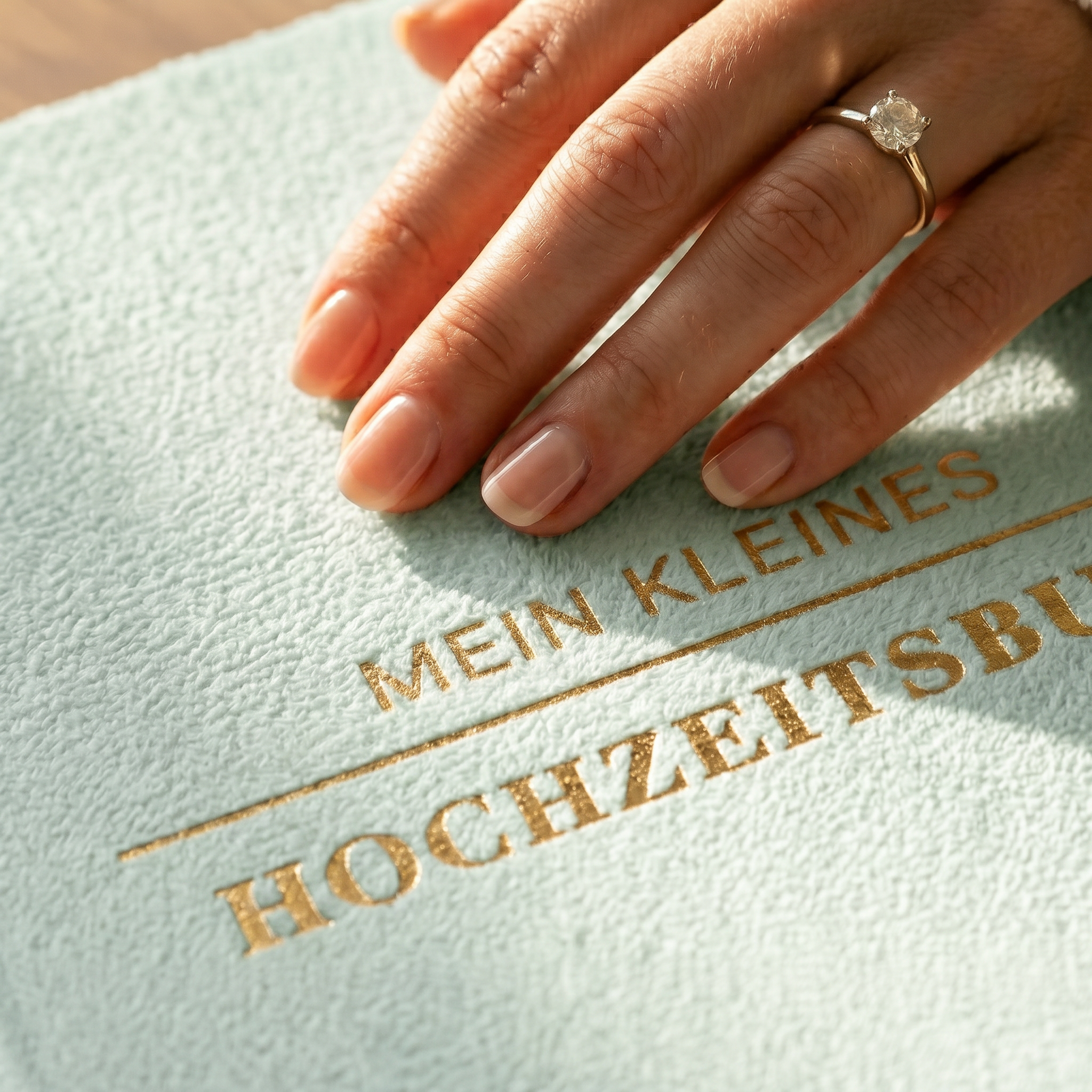 Eine Hand mit einem diamantenen Verlobungsring ruht auf einem strukturierten hellblauen Bucheinband mit goldgeprägter Aufschrift MEIN KLEINES HOCHZEITSBUCH.