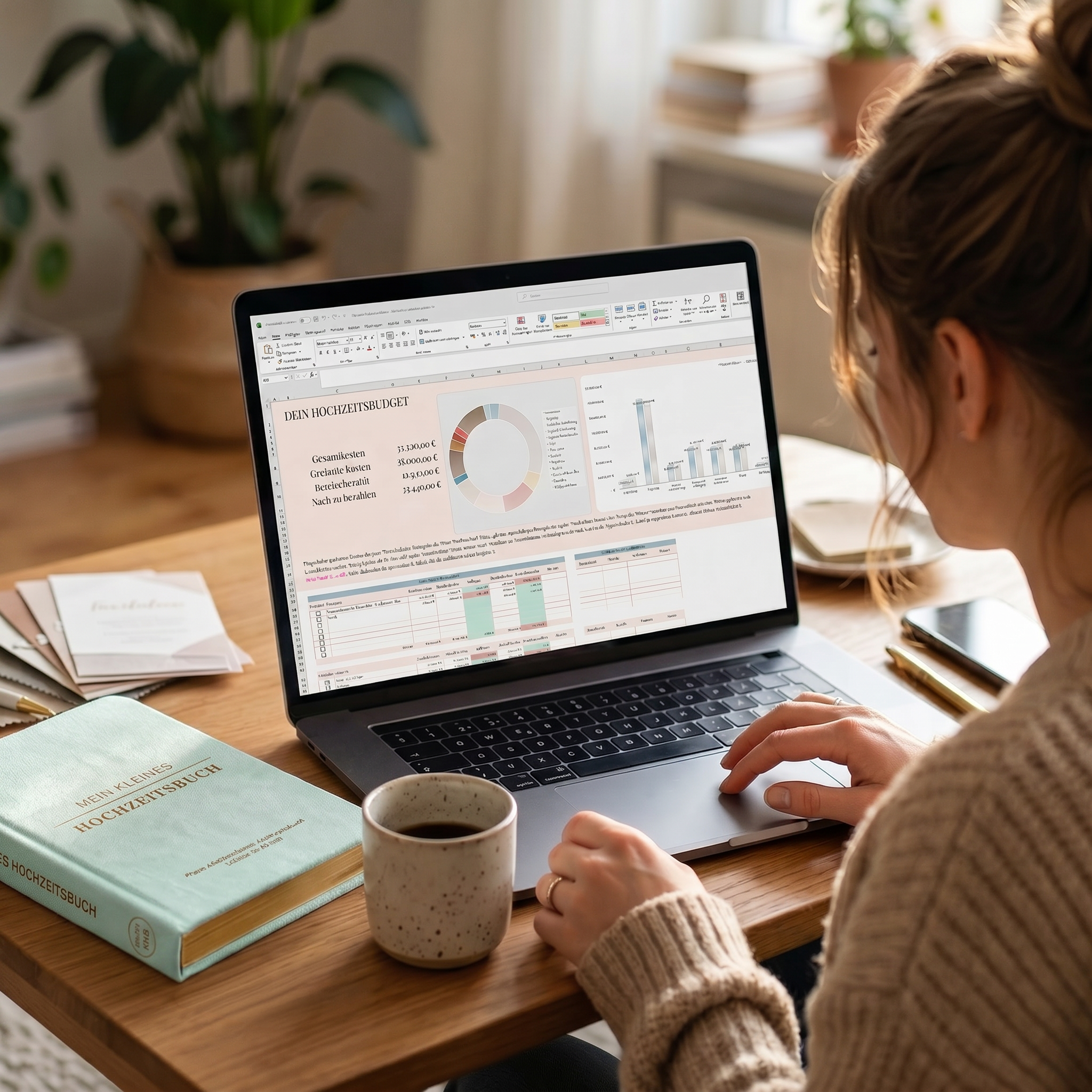 Eine Frau sitzt an einem Holztisch und arbeitet an einem Laptop, auf dem Diagramme und Tabellenkalkulationen angezeigt werden. Papiere, ein Buch und eine Tasse Kaffee stehen auf dem Tisch. Zimmerpflanzen und Sonnenlicht schaffen eine gemütliche, produktive Atmosphäre.