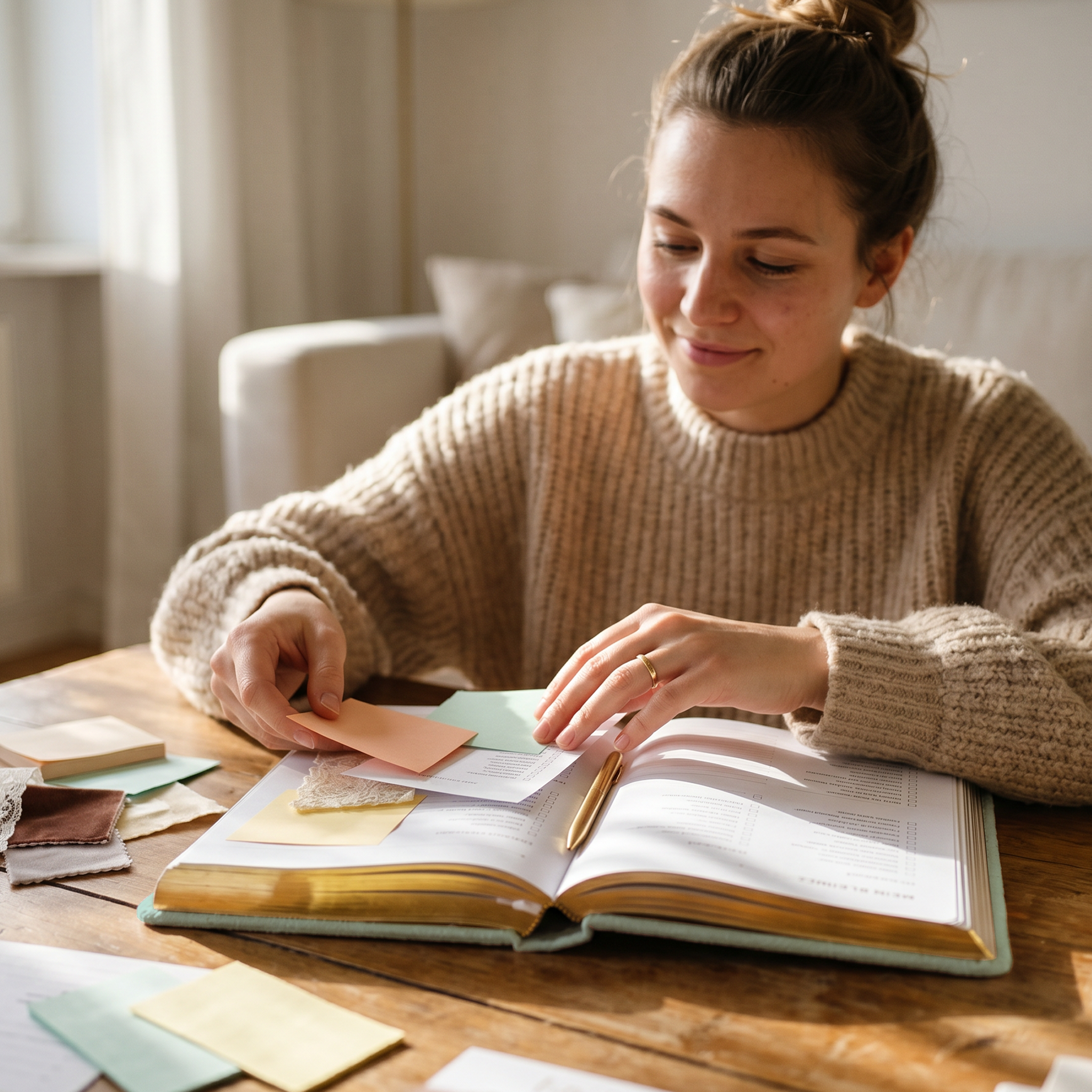 Eine Frau in einem beigen Pullover lächelt, während sie in einem hellen, gemütlichen Raum Klebezettel in ein aufgeschlagenes Buch auf einem Holztisch legt, umgeben von weiteren Klebezetteln und Papieren.