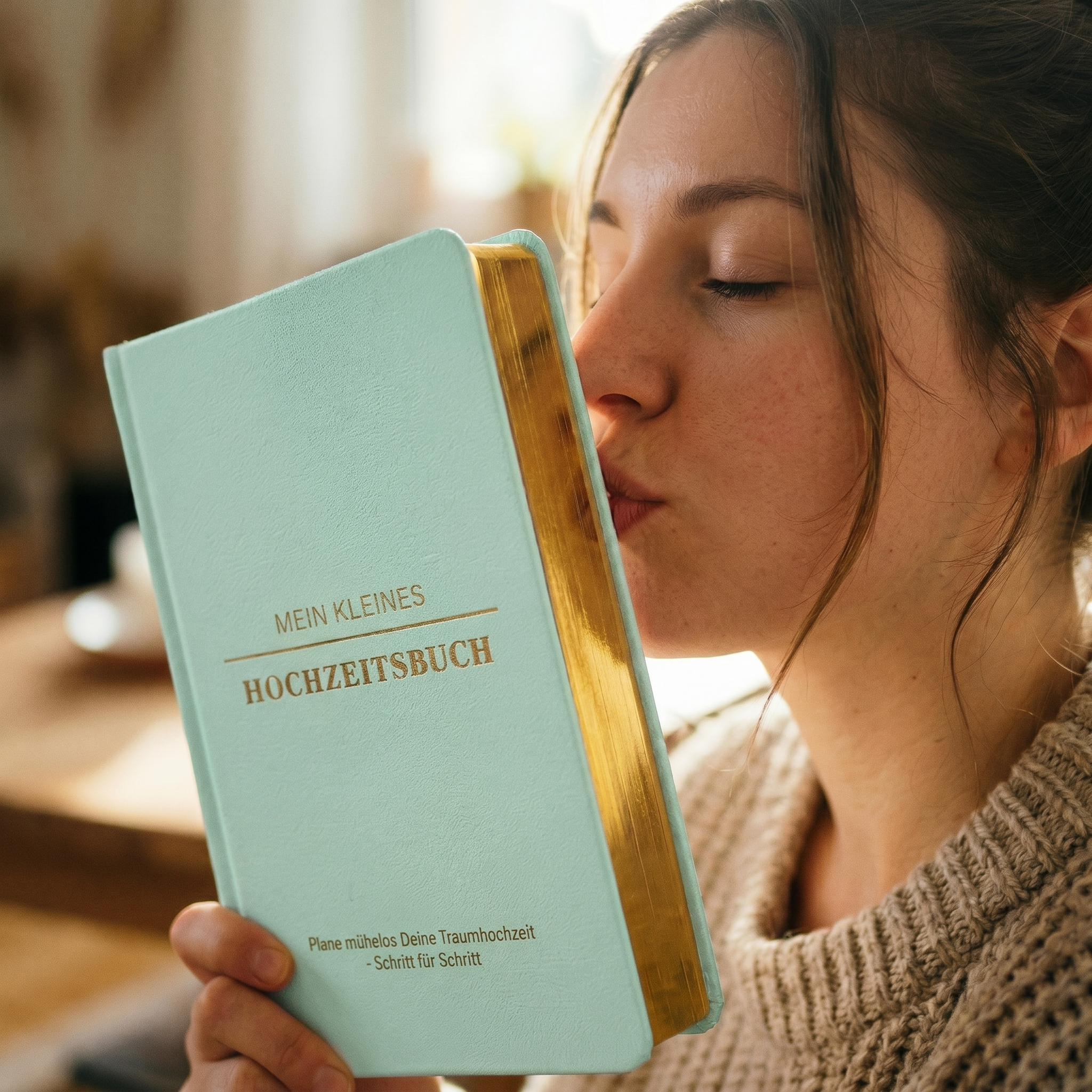 Eine Frau küsst sanft den Rand eines hellblauen Buches mit dem Titel Mein kleines Hochzeitsbuch, dessen Seiten mit Goldrand versehen sind, während sie es in einem warm beleuchteten Innenraum dicht an ihr Gesicht hält.