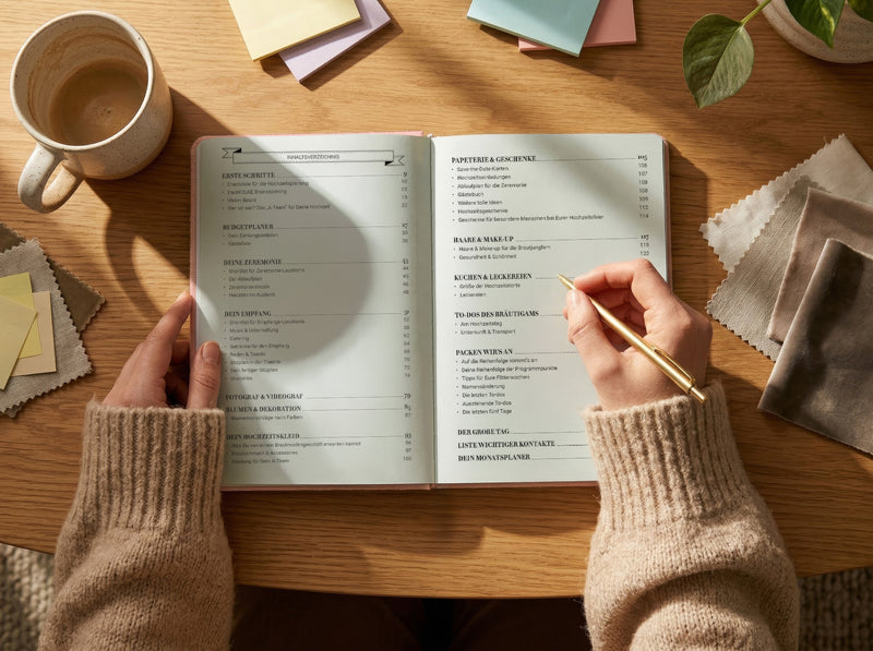 Eine Person in einem beigen Pullover schreibt mit einem goldenen Stift in einem offenen Planer auf einem Holztisch, umgeben von einer Kaffeetasse, Stoffmustern, Haftnotizen und einer Topfpflanze.