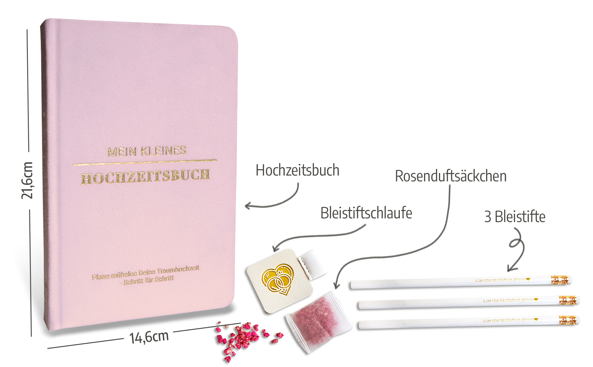 Ein rosafarbenes Hochzeitsplanerbuch mit goldenem Text wird mit drei weißen Bleistiften, einem Bleistifthalter, einem kleinen rosafarbenen Säckchen und rosafarbenem herzförmigen Konfetti gezeigt. Die Etiketten in deutscher Sprache beschreiben jeden Artikel und die Abmessungen des Buches.