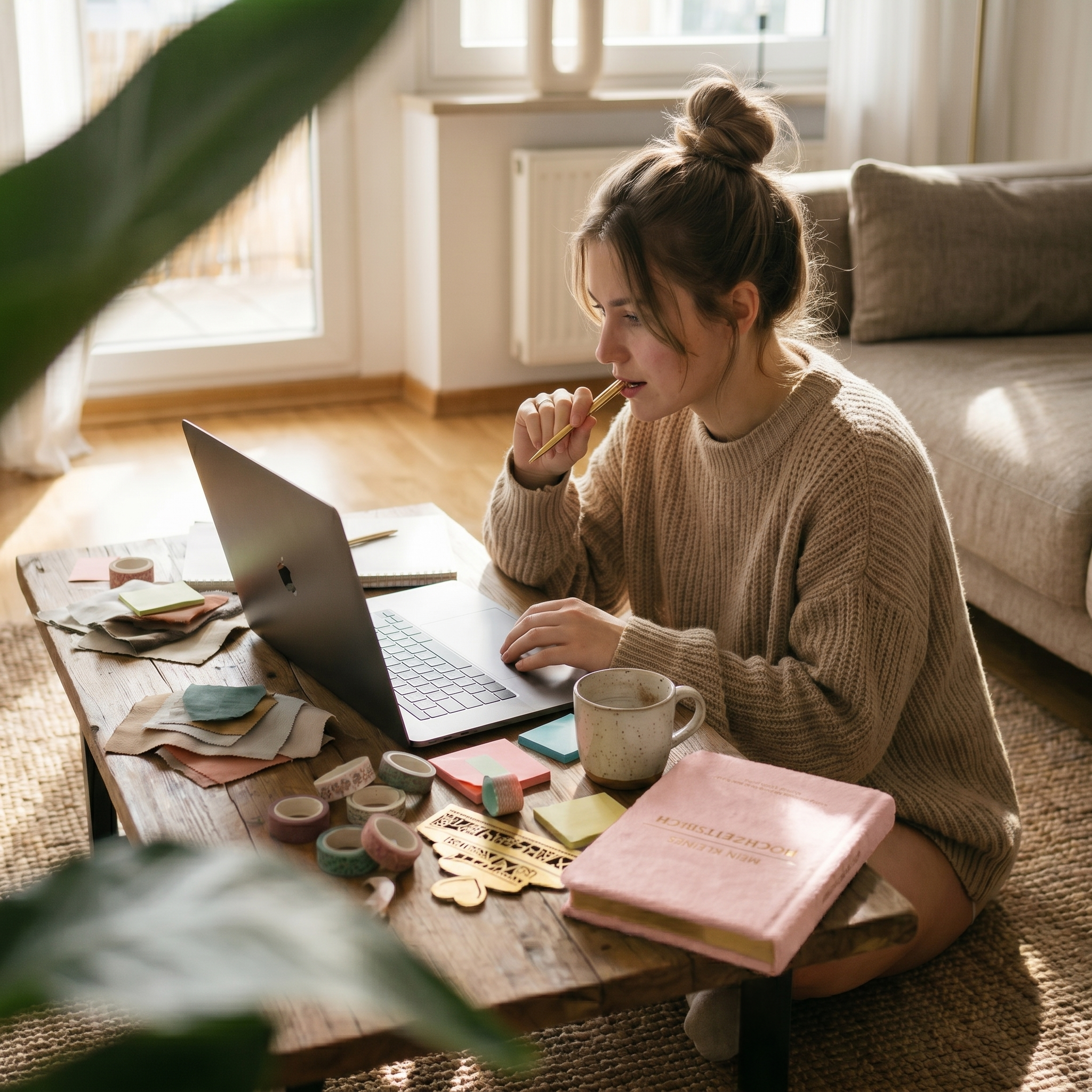 Eine junge Frau sitzt an einem hölzernen Couchtisch und arbeitet an einem Laptop. Sie trägt einen gemütlichen Pullover, hält sich einen Stift an den Mund und ist umgeben von Schreibwaren, Notizbüchern, Haftnotizen und einer Tasse in einem hellen Wohnzimmer.