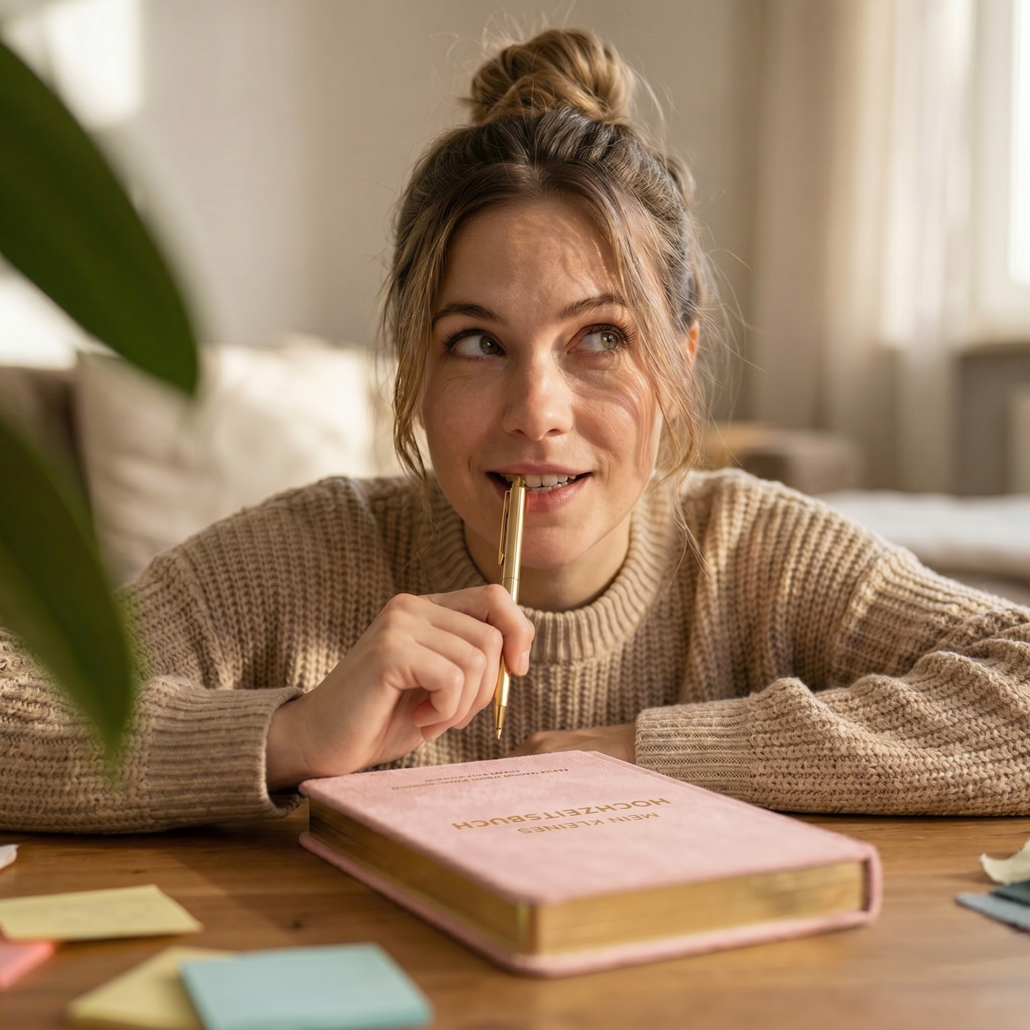 Eine junge Frau im Pullover sitzt an einem Tisch und hält nachdenklich einen Stift an ihre Lippen. Vor ihr liegen ein rosafarbenes Buch mit dem Titel Hausaufgabenheft und mehrere bunte Klebezettel. In der Nähe fällt das Sonnenlicht ein.