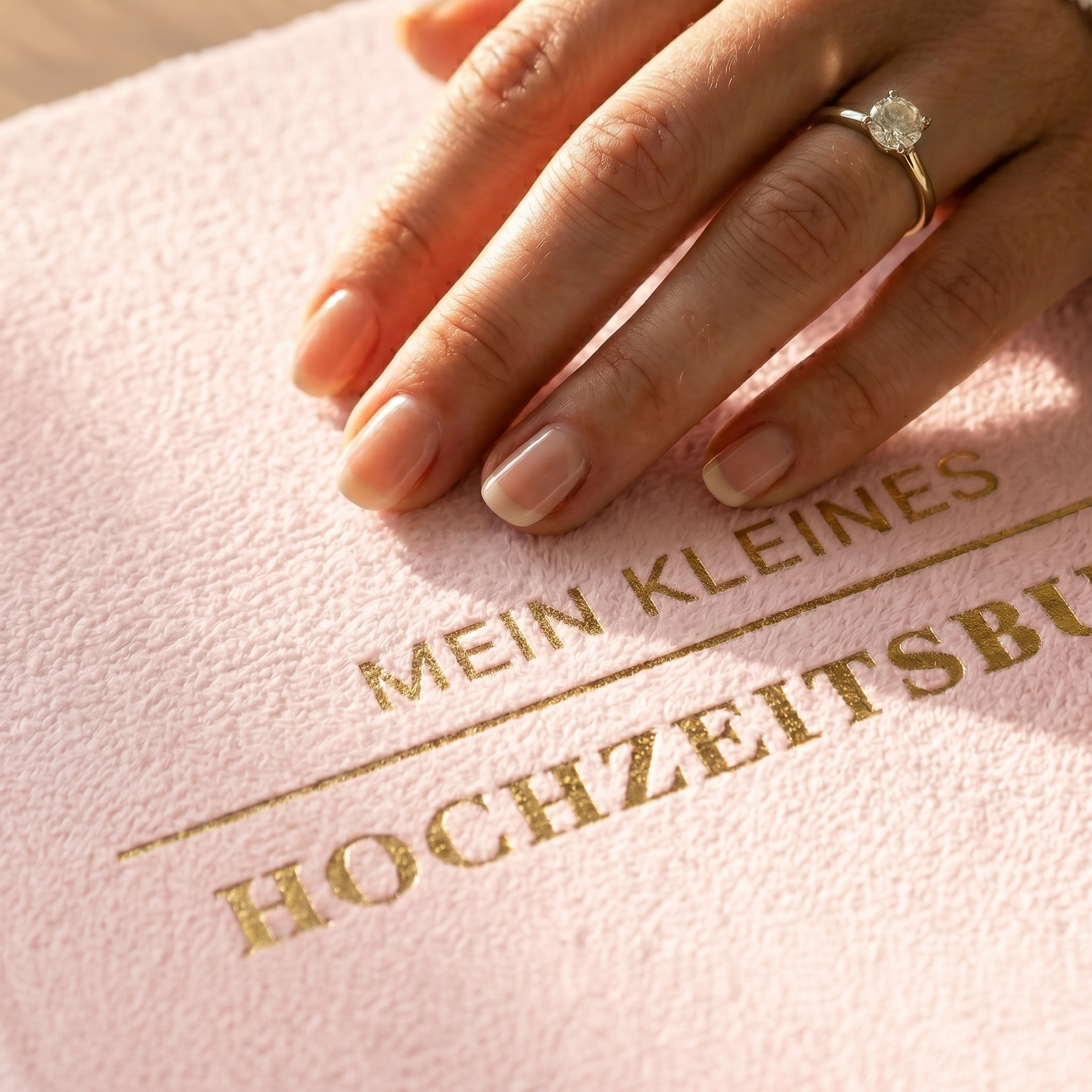 Eine Hand, die einen diamantenen Verlobungsring trägt, ruht auf einem rosafarbenen, strukturierten Buch mit goldgeprägtem deutschen Text, der MEIN KLEINES HOCHZEITSBUCH lautet.