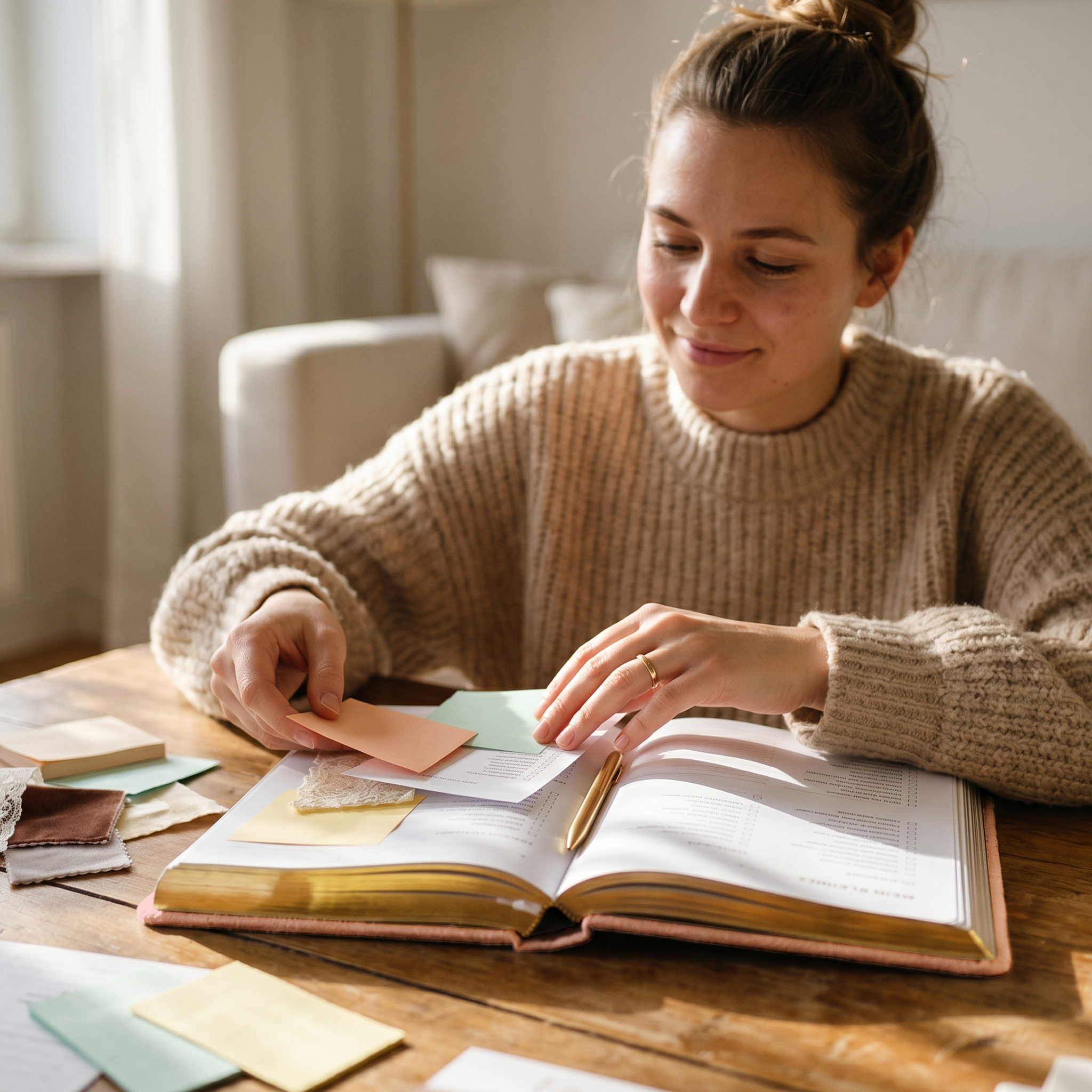 Eine Frau in einem beigen Pullover lächelt, während sie Klebezettel in ein aufgeschlagenes Buch auf einem Holztisch legt, umgeben von weiteren Zetteln und Papieren in einem hellen, gemütlichen Raum.