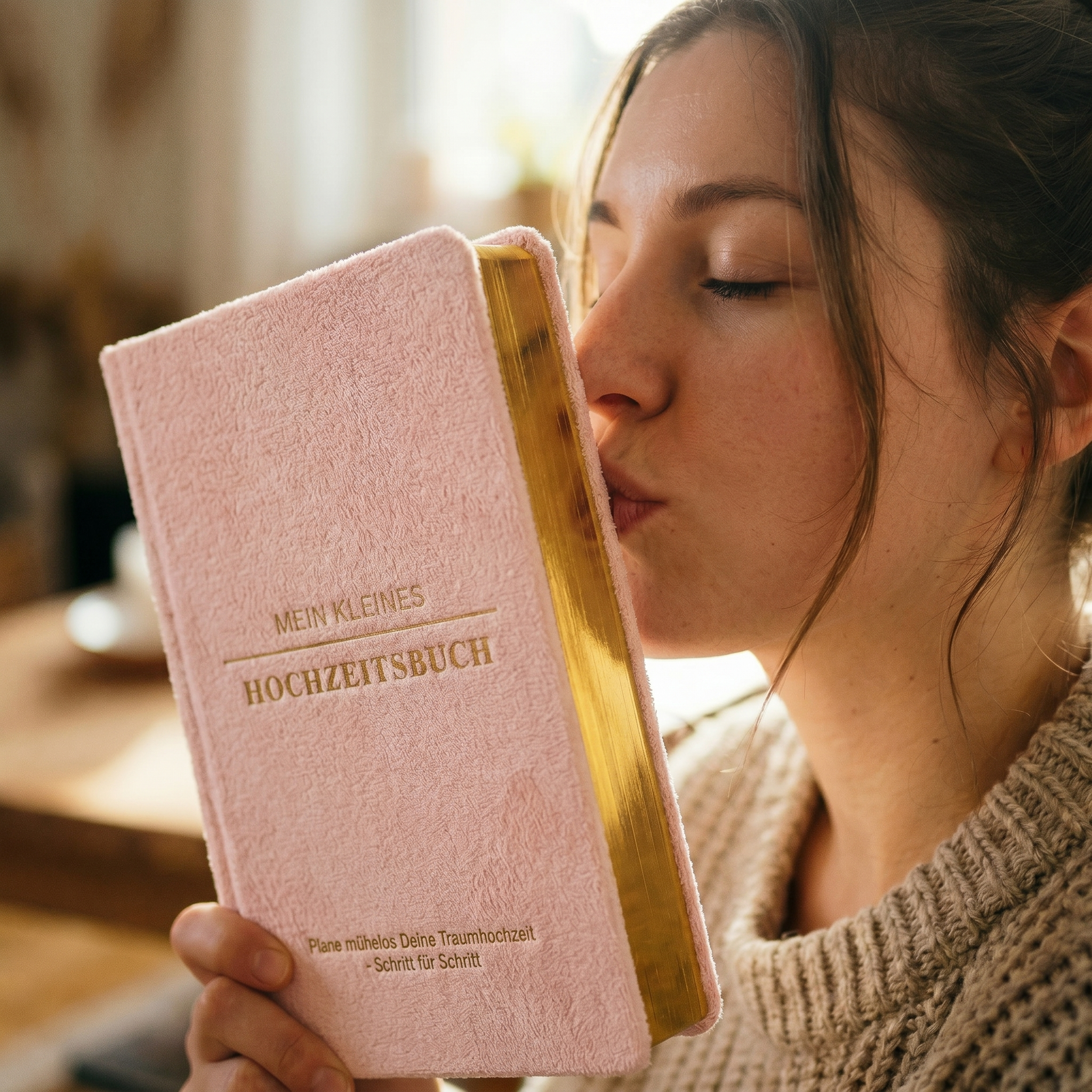 Eine Frau mit hellbraunem Haar küsst ein rosafarbenes Buch mit Goldrand mit dem Titel Mein kleines Hochzeitsbuch. Sie trägt einen beigen Pullover und scheint sich in einem warm beleuchteten Innenraum zu befinden.