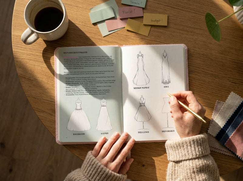 Eine Person in einem gemütlichen Pullover skizziert Kleiderentwürfe in einem offenen Notizbuch auf einem Holztisch, umgeben von einer Tasse Kaffee, bunten Haftnotizen und Stoffmustern.