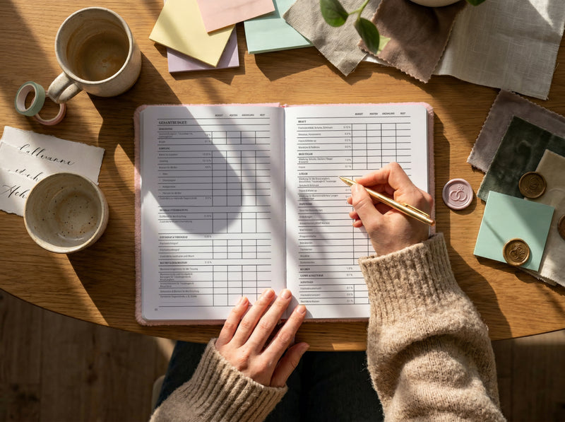 Eine Person in einem kuscheligen Pullover schreibt an einem Holztisch, umgeben von bunten Papieren, Stoffmustern, einer Tasse und dekorativen Gegenständen, in einen Planer oder ein Journal, während das Sonnenlicht auf die Szene fällt.