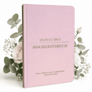 Mein kleines Hochzeitsbuch - Zuckerwatten Herzchen von Mein kleines Hochzeitsbüro: Ein pinkes Buch mit goldgeprägtem deutschen Text für die Hochzeitsplanung, dekoriert mit weißen Rosen, Schleierkraut und Eukalyptus. Perfekt für Träume und Checklisten.