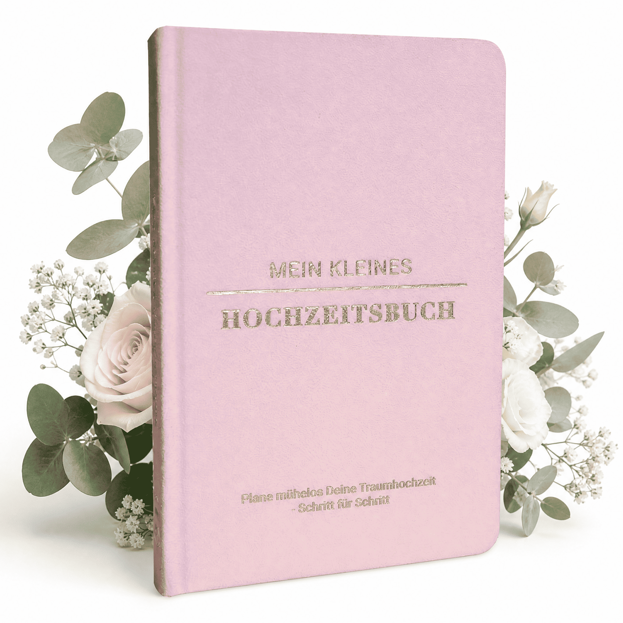 Mein kleines Hochzeitsbuch - Zuckerwatten Herzchen von Mein kleines Hochzeitsbüro: Ein pinkes Buch mit goldgeprägtem deutschen Text für die Hochzeitsplanung, dekoriert mit weißen Rosen, Schleierkraut und Eukalyptus. Perfekt für Träume und Checklisten.