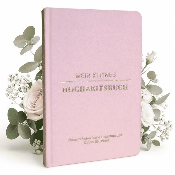 Mein kleines Hochzeitsbuch - Zuckerwatten Herzchen von Mein kleines Hochzeitsbüro: Ein pinkes Buch mit goldgeprägtem deutschen Text für die Hochzeitsplanung, dekoriert mit weißen Rosen, Schleierkraut und Eukalyptus. Perfekt für Träume und Checklisten.