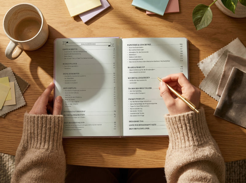 Eine Person in einem beigen Pullover hält ein aufgeschlagenes Notizbuch oder einen Planer auf einem Holztisch neben einer Tasse Kaffee, Stoffmustern und bunten Haftnotizen, während sie mit einem goldenen Stift schreibt.