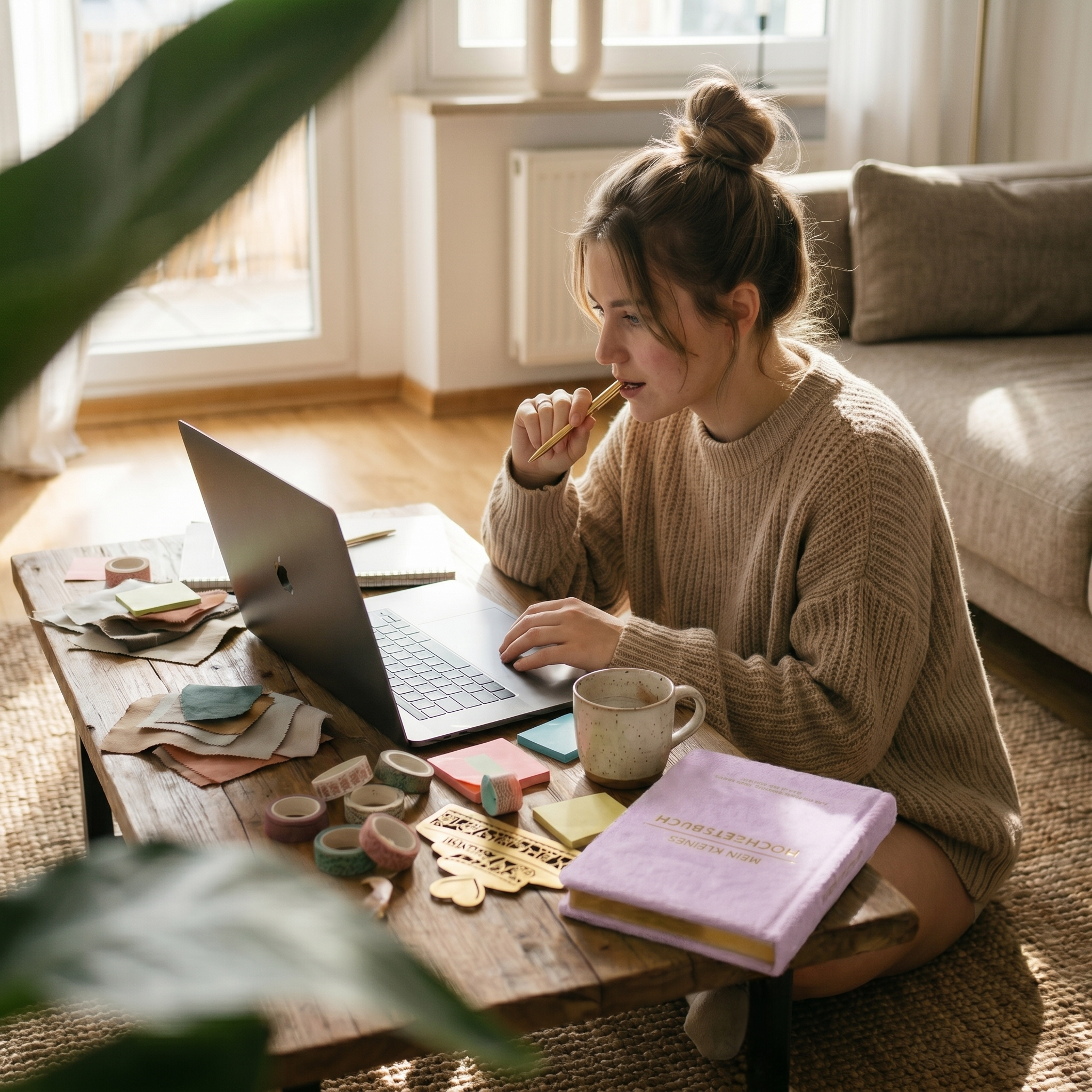 Eine junge Frau sitzt an einem Couchtisch und arbeitet an einem Laptop. Sie trägt einen beigen Pullover und hält sich einen Stift an den Mund, umgeben von Notizbüchern, Stoffmustern, Schreibwaren und einer Tasse in einem gemütlichen, sonnendurchfluteten Raum.