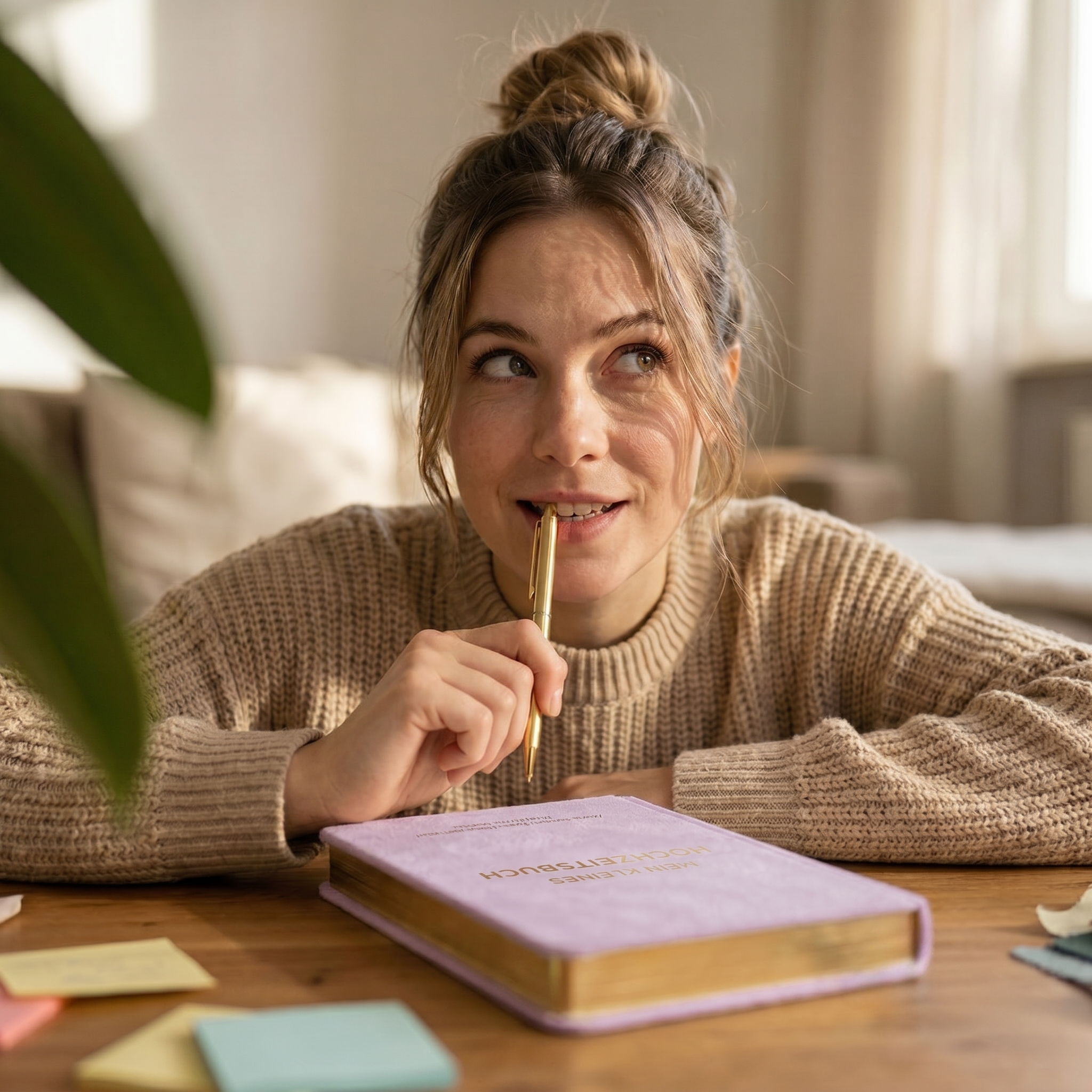 Eine junge Frau in einem beigen Pullover sitzt an einem Tisch, hält einen Stift an ihre Lippen und schaut nachdenklich. Vor ihr liegen ein lavendelfarbenes Notizbuch und bunte Klebezettel. Das Sonnenlicht fällt durch ein Fenster hinter ihr.