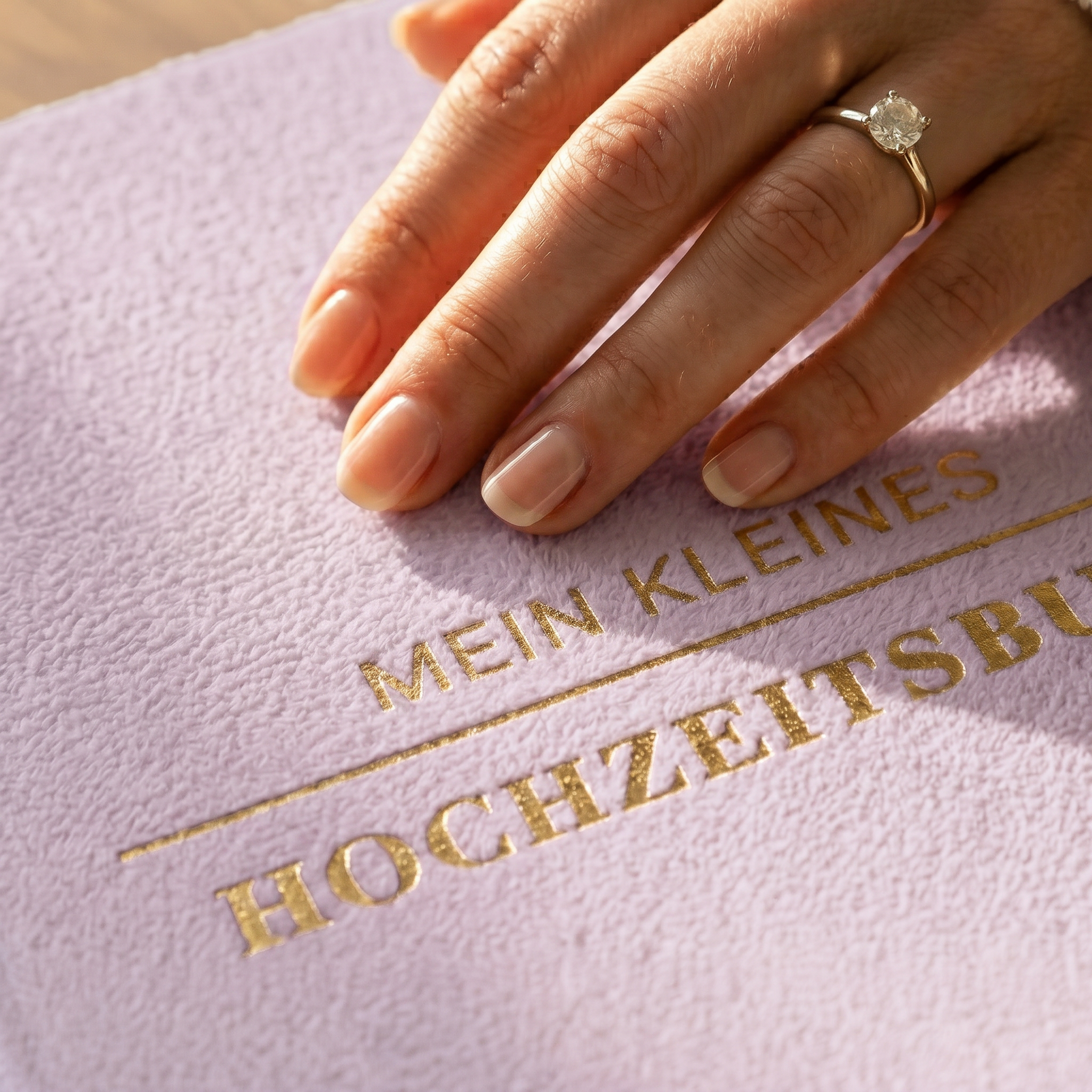 Eine Nahaufnahme einer Hand mit einem diamantenen Verlobungsring, die auf einem strukturierten lavendelfarbenen Bucheinband mit goldgeprägtem deutschen Text MEIN KLEINES HOCHZEITSBUCH ruht.