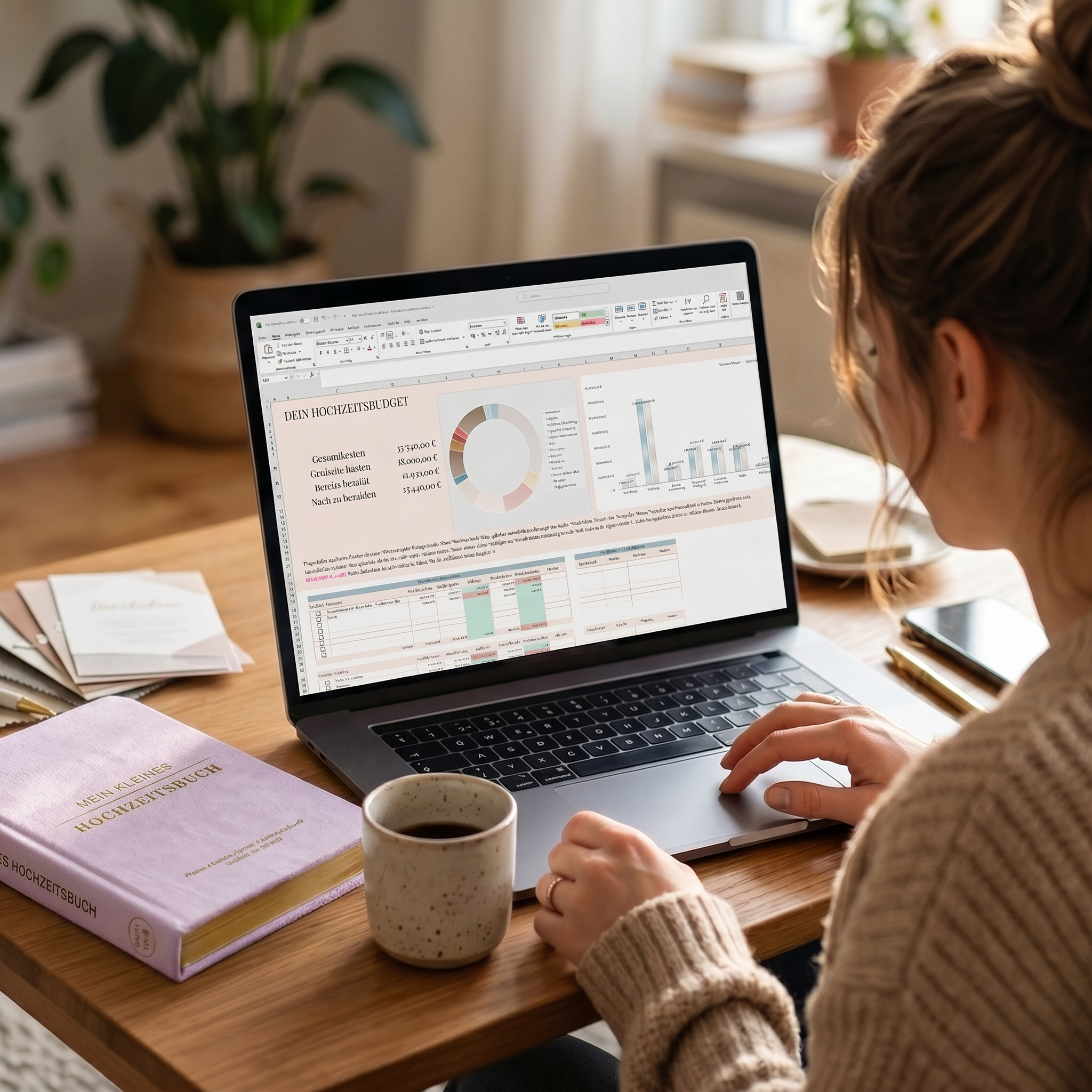 Eine Frau sitzt an einem hölzernen Schreibtisch und arbeitet mit einem Laptop, auf dem Diagramme und Tabellen angezeigt werden. Auf dem Schreibtisch stehen eine Tasse Kaffee, ein Buch und Papiere, im Hintergrund sind Pflanzen und Sonnenlicht zu sehen.