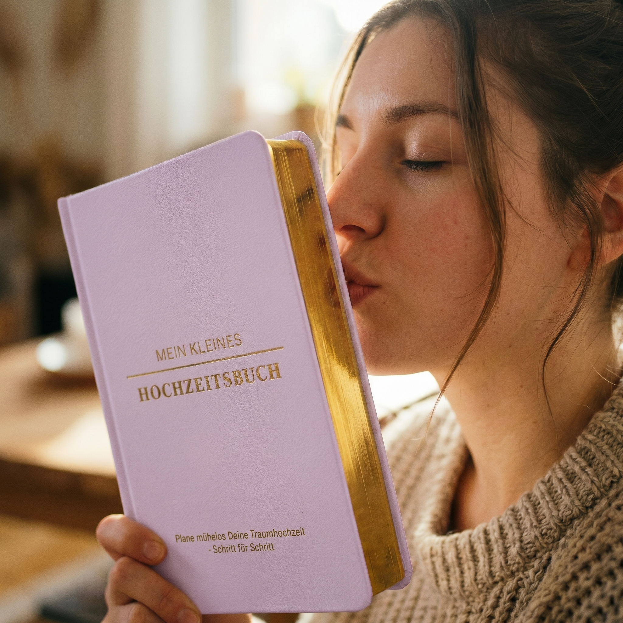 Eine Frau mit braunen Haaren küsst ein rosa-goldenes Buch mit dem Titel Mein kleines Hochzeitsbuch auf Deutsch. Sie wirkt fröhlich und liebevoll und trägt einen beigen Pullover in einer gemütlichen Innenumgebung.