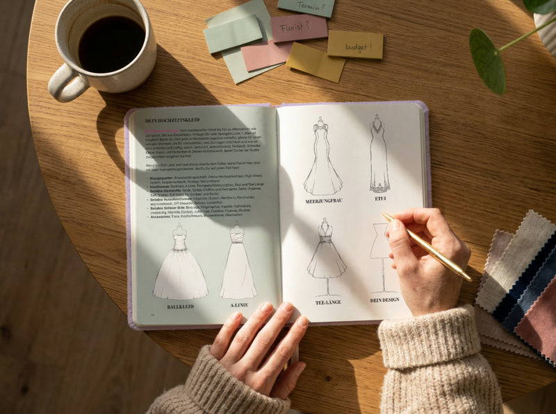 Eine Person in einem beigen Pullover zeichnet Entwürfe für Brautkleider in ein Notizbuch auf einem Holztisch, umgeben von einer Tasse Kaffee, Stoffmustern und Haftnotizen.