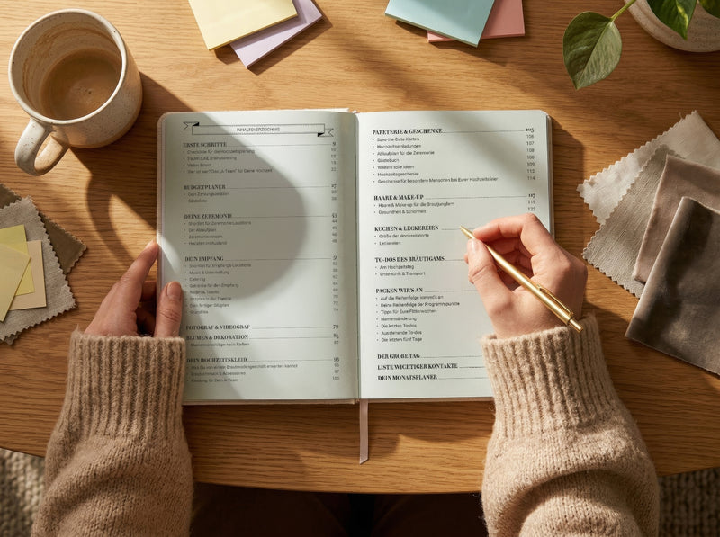 Eine Person in einem beigen Pullover schreibt in einem offenen Planer auf einem Holztisch mit einer Tasse Kaffee, Haftnotizen und Stoffproben in der Nähe. Das Sonnenlicht durchflutet die Szene und schafft eine gemütliche Atmosphäre.