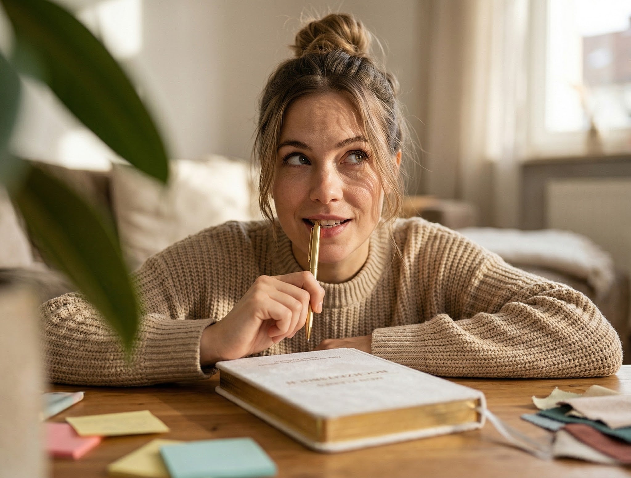 Eine junge Frau in einem beigen Pullover sitzt an einem Tisch, hält einen Stift an ihre Lippen und blickt nachdenklich. Ein aufgeschlagenes Buch und bunte Haftnotizen liegen auf dem Tisch; weiches natürliches Licht erfüllt den gemütlichen Raum.