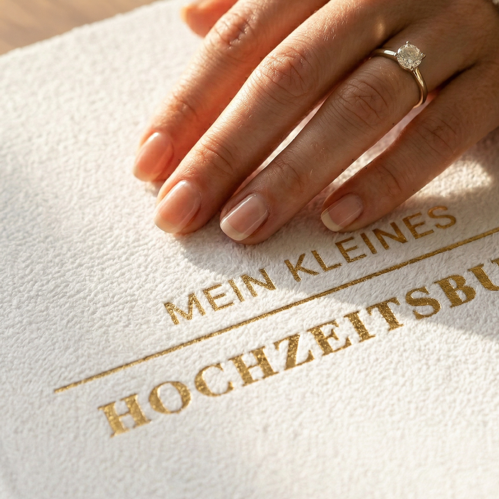 Eine Hand mit einem diamantenen Verlobungsring ruht auf einem weißen, strukturierten Bucheinband mit goldgeprägtem deutschen Text: Mein kleines Hochzeitsbuch.