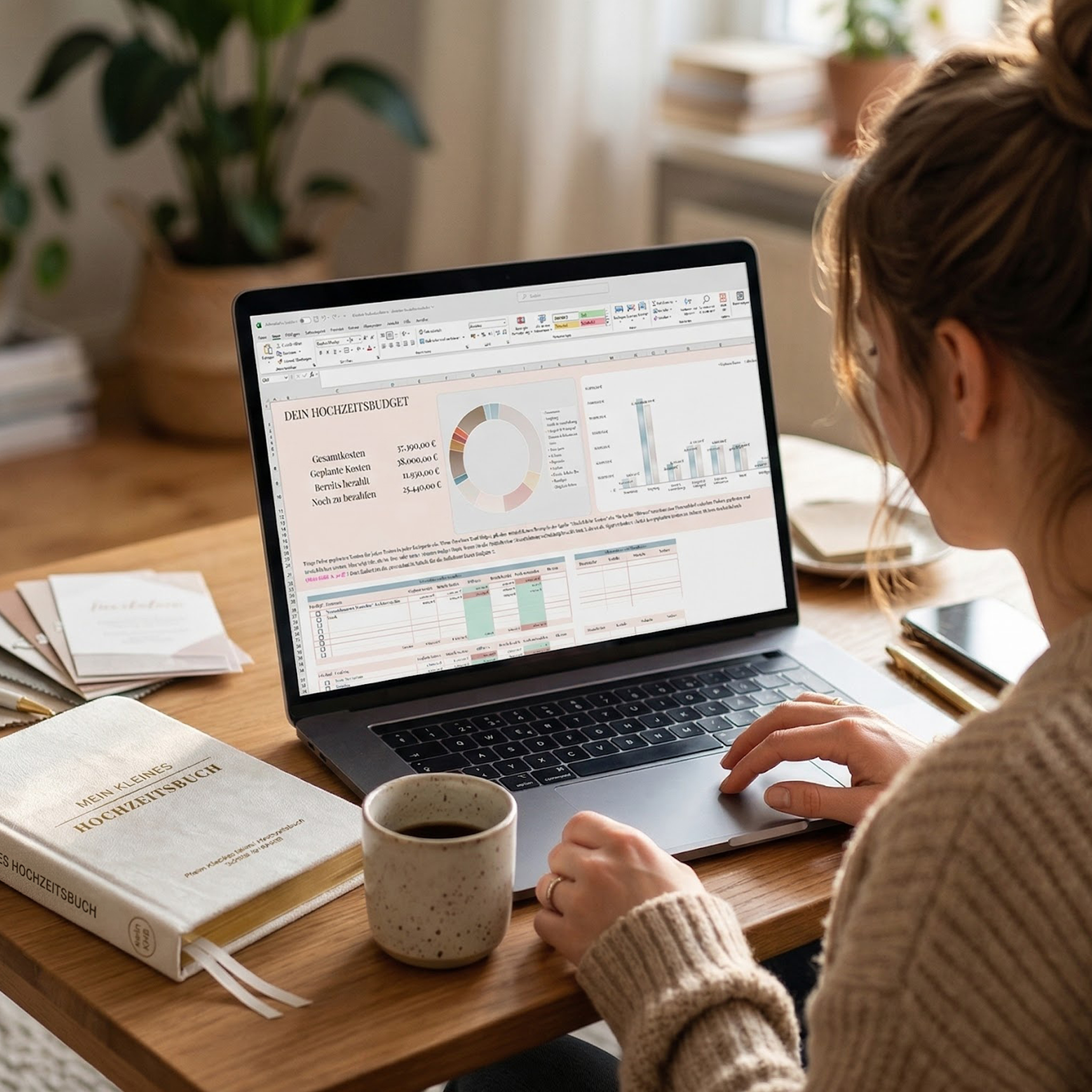 Eine Person sitzt an einem Holztisch mit einem Laptop, auf dem Diagramme und Grafiken angezeigt werden. Auf dem Schreibtisch stehen eine Tasse Kaffee, ein Notizbuch, ein Stift und Dokumente. Pflanzen und sanftes Licht schaffen eine gemütliche Home-Office-Atmosphäre.
