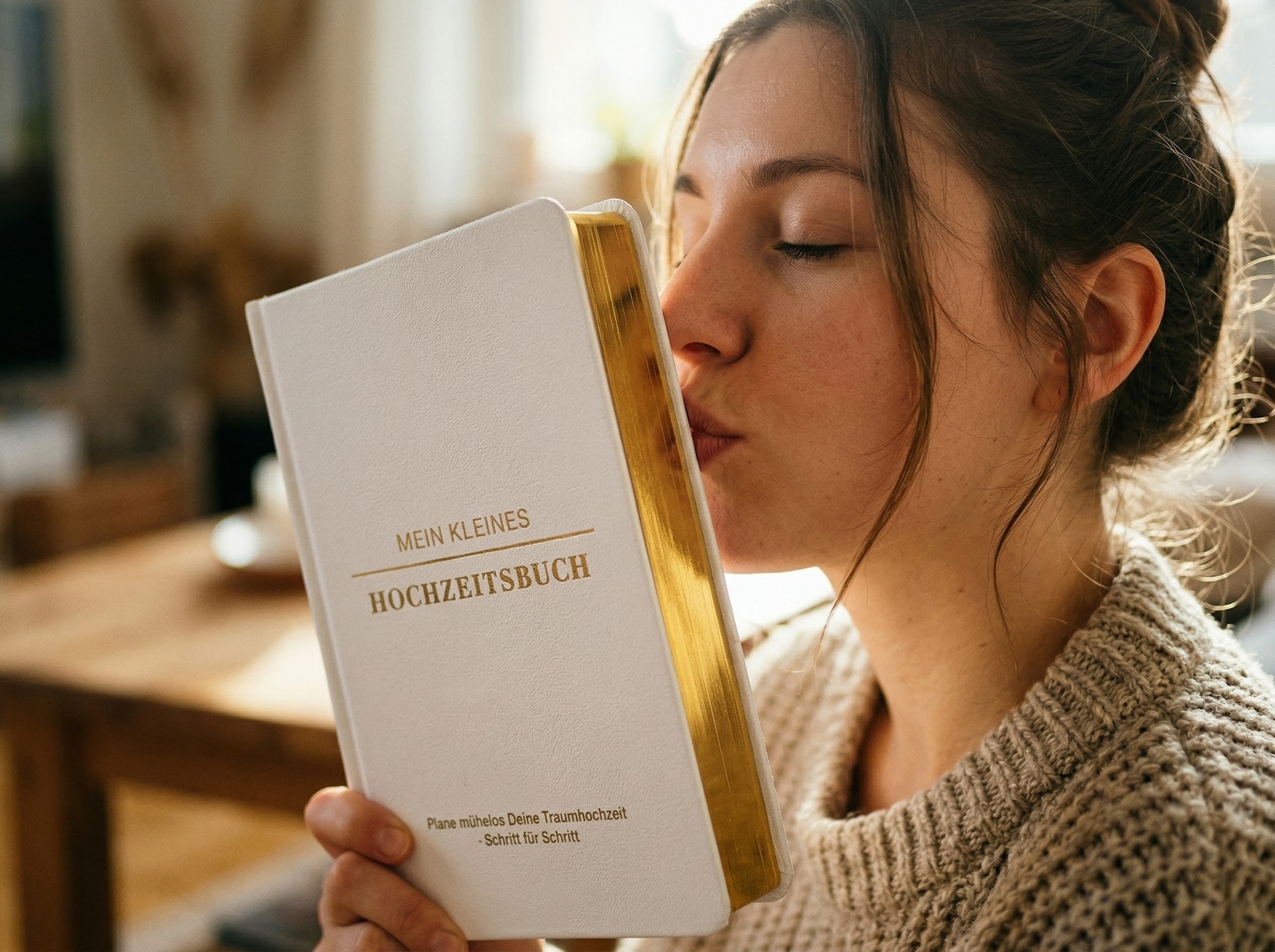 Eine Frau mit heller Haut und braunen Haaren, die einen beigen Pullover trägt, schließt die Augen und küsst den Einband eines weiß-goldenen Buches mit dem Titel MEIN KLEINES HOCHZEITSBUCH, während sie in einem Innenraum in sanftem Tageslicht sitzt.