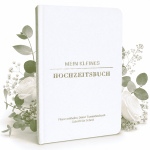 Mein kleines Hochzeitsbuch - Ewige Eleganz von Mein kleines Hochzeitsbüro: ein stilvolles weißes Hochzeitsbuch mit goldener Schrift, umgeben von weißen Rosen und Eukalyptus - ein eleganter Begleiter für die Hochzeitsplanung.