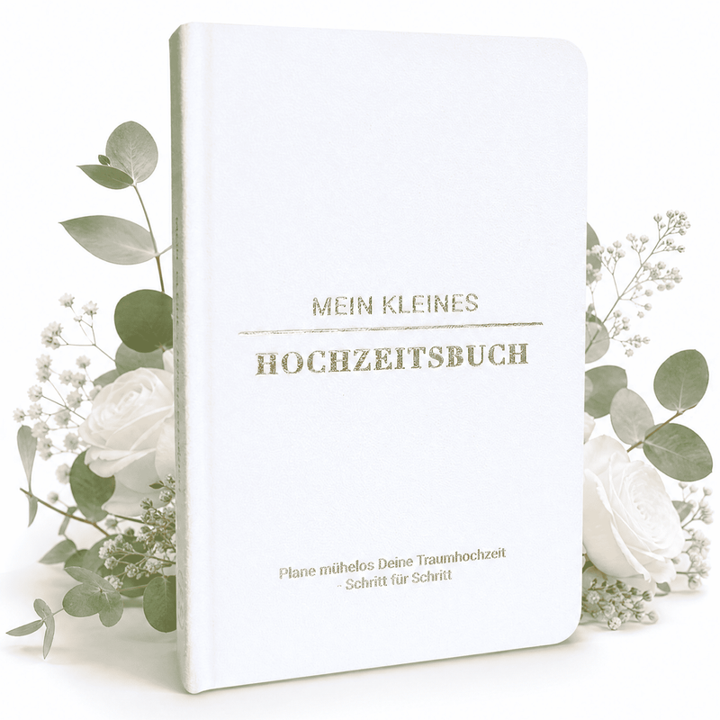 Mein kleines Hochzeitsbuch - Ewige Eleganz von Mein kleines Hochzeitsbüro: ein stilvolles weißes Hochzeitsbuch mit goldener Schrift, umgeben von weißen Rosen und Eukalyptus - ein eleganter Begleiter für die Hochzeitsplanung.
