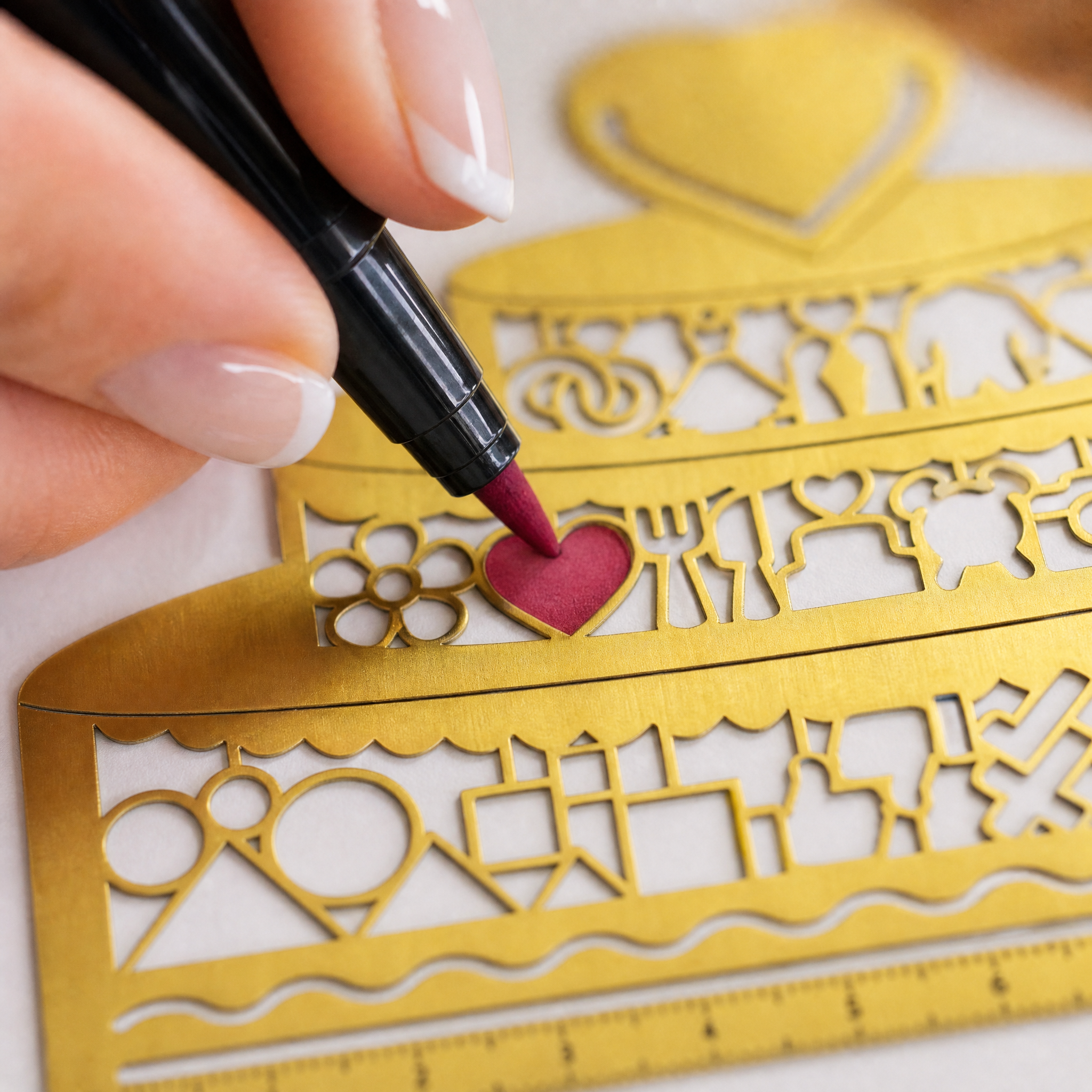 Eine Hand färbt mit einem roten Marker einen herzförmigen Ausschnitt auf einer goldenen Metallschablone mit verschiedenen dekorativen Formen und Symbolen.