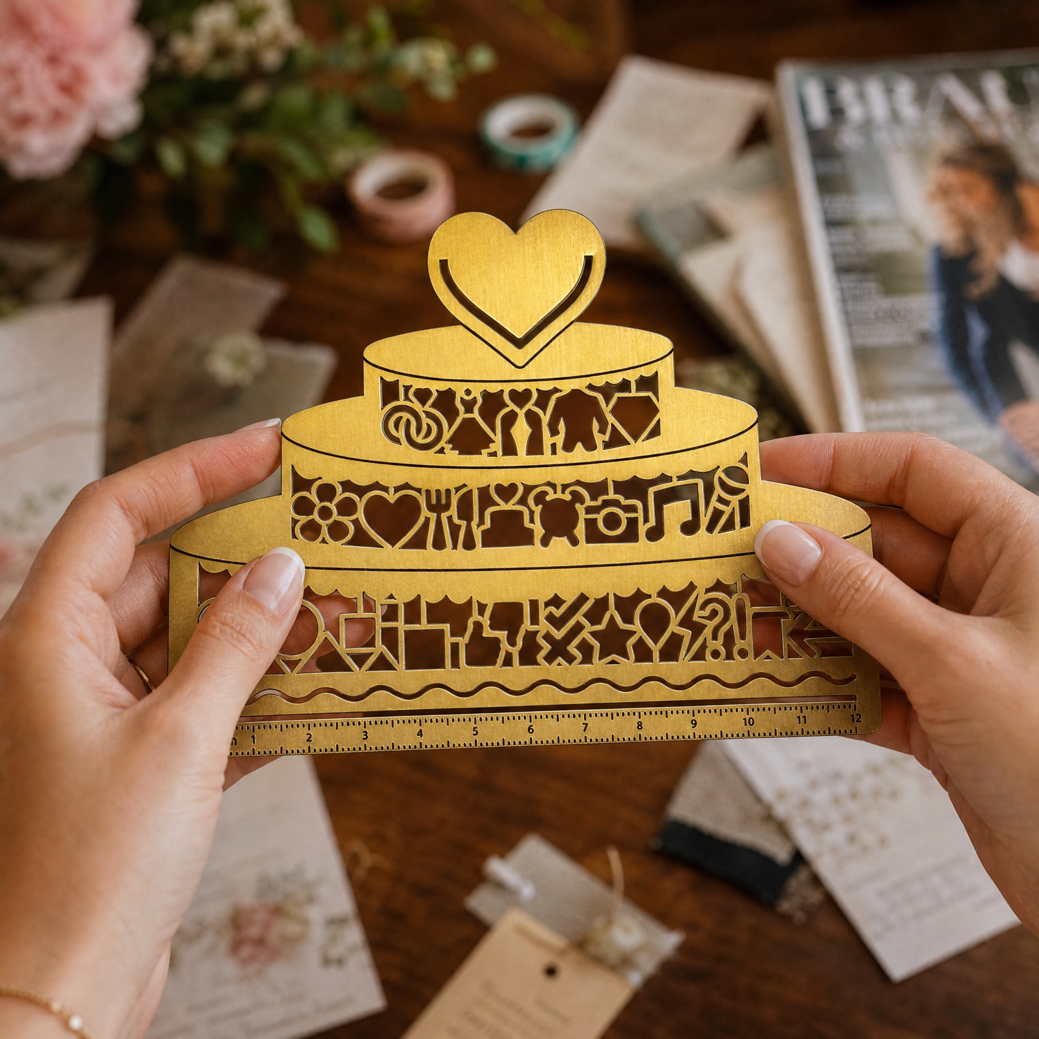 Eine Person hält ein gelbes Lineal in Form einer Hochzeitstorte in der Hand, das mit komplizierten Ausschnitten verziert ist, darunter ein Herz auf der Spitze, Hochzeitssymbole und Liebessymbole. Bastelmaterial und eine Zeitschrift liegen auf dem Holztisch im Hintergrund.