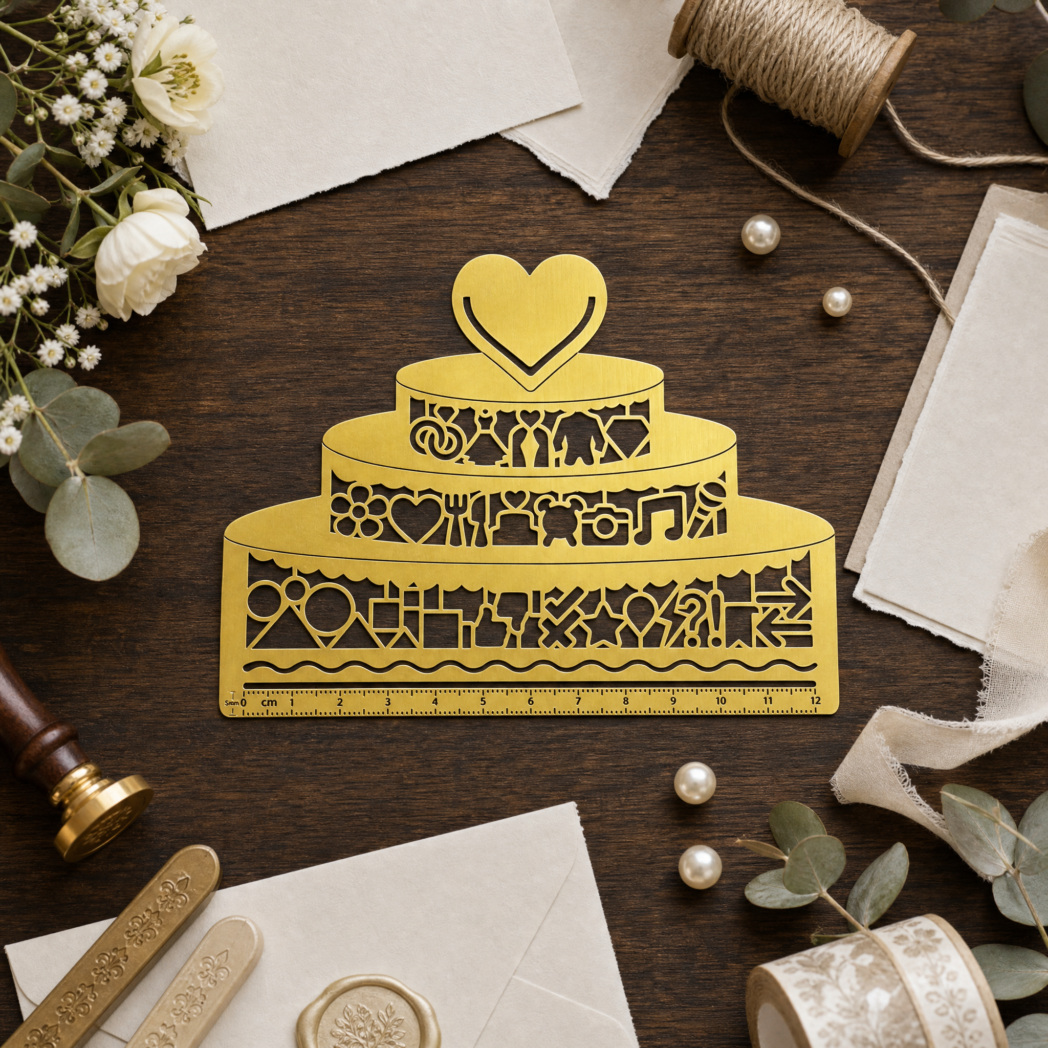 Ein goldenes Lineal in Form einer mehrstöckigen Hochzeitstorte mit komplizierten Ausschnitten, umgeben von Blumen, Umschlägen, Bindfäden, Perlen, Stempeln und Grünzeug auf einer Holzoberfläche.