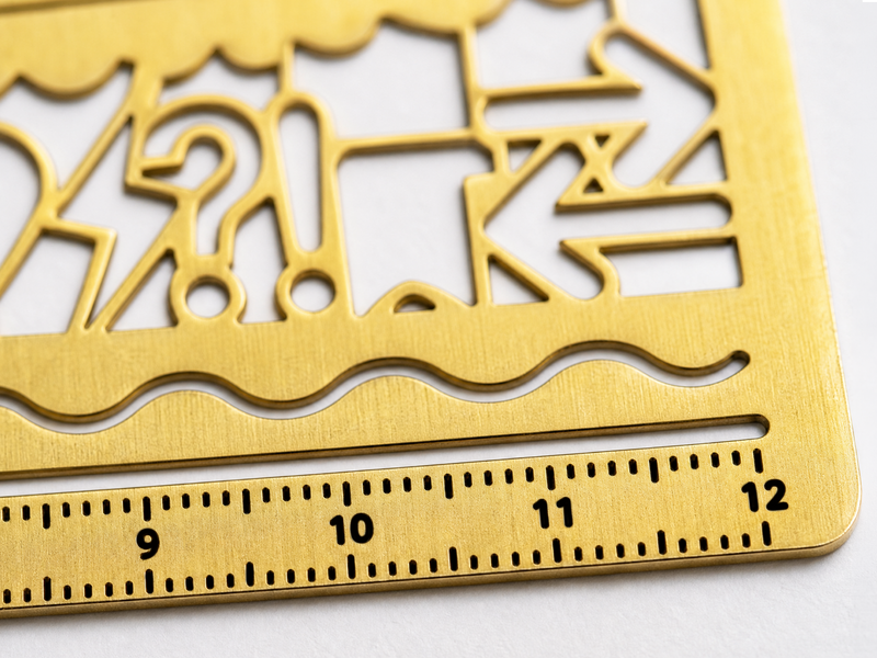 Eine Nahaufnahme einer goldenen Metallschablone mit verschiedenen Formen, darunter Pfeile und Fragezeichen, und einem eingebauten Lineal mit einer Markierung von 9 bis 12 Zentimetern. Die Schablone ruht auf einer weißen Fläche.