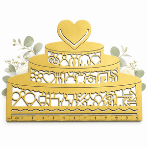 Die Lineal Clip-Schablone "Hochzeitstorte" von Mein kleines Hochzeitsbüro zeigt eine goldene, gestufte Torte mit Herz-Topper und floralen Akzenten, sowie einen Linealrand - perfekt für jeden Hochzeitsplaner.