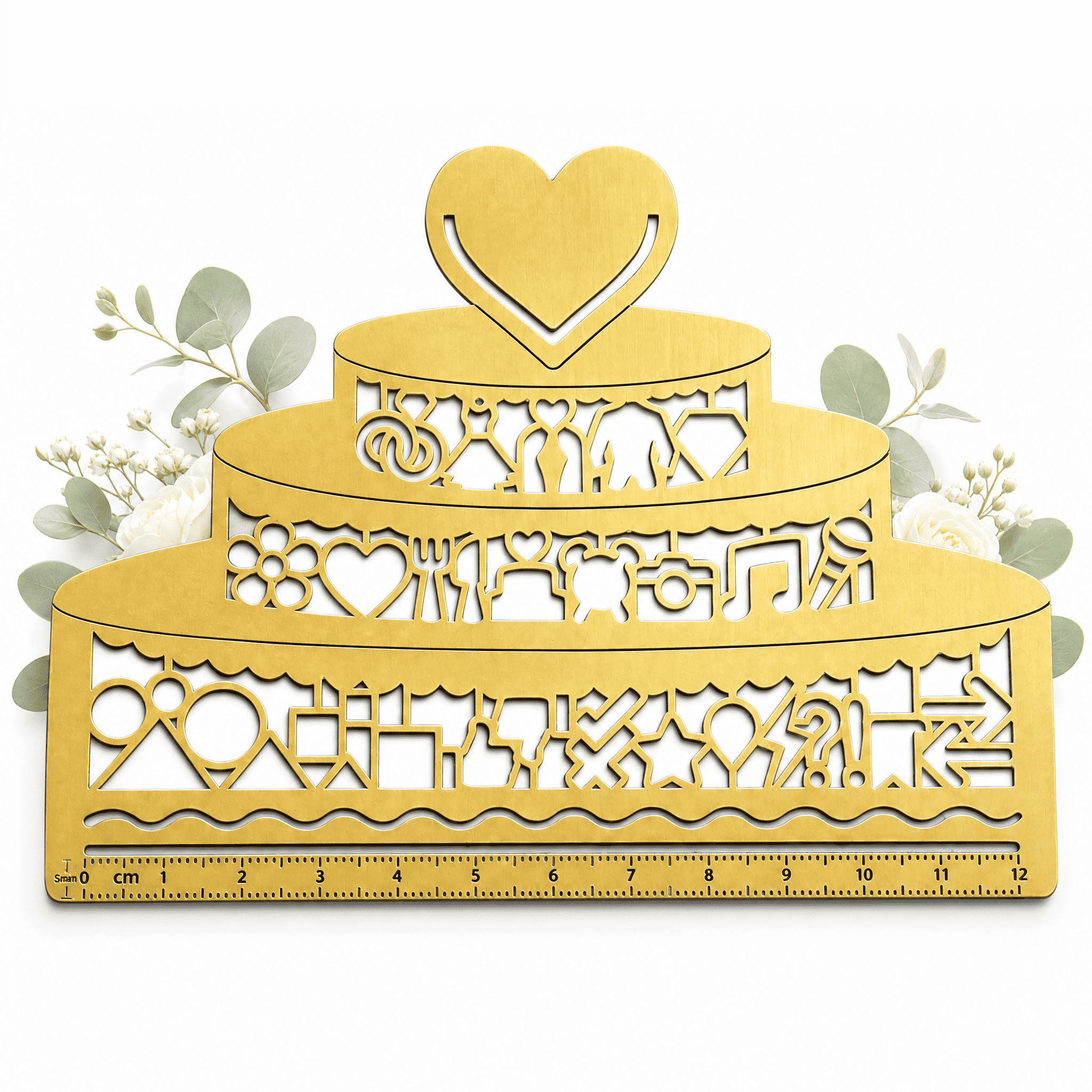 Die Lineal Clip-Schablone "Hochzeitstorte" von Mein kleines Hochzeitsbüro zeigt eine goldene, gestufte Torte mit Herz-Topper und floralen Akzenten, sowie einen Linealrand - perfekt für jeden Hochzeitsplaner.