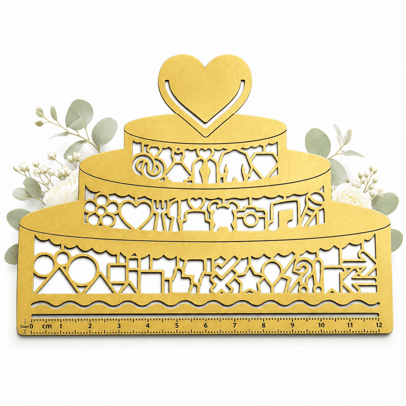 Die Lineal Clip-Schablone "Hochzeitstorte" von Mein kleines Hochzeitsbüro zeigt eine goldene, gestufte Torte mit Herz-Topper und floralen Akzenten, sowie einen Linealrand - perfekt für jeden Hochzeitsplaner.
