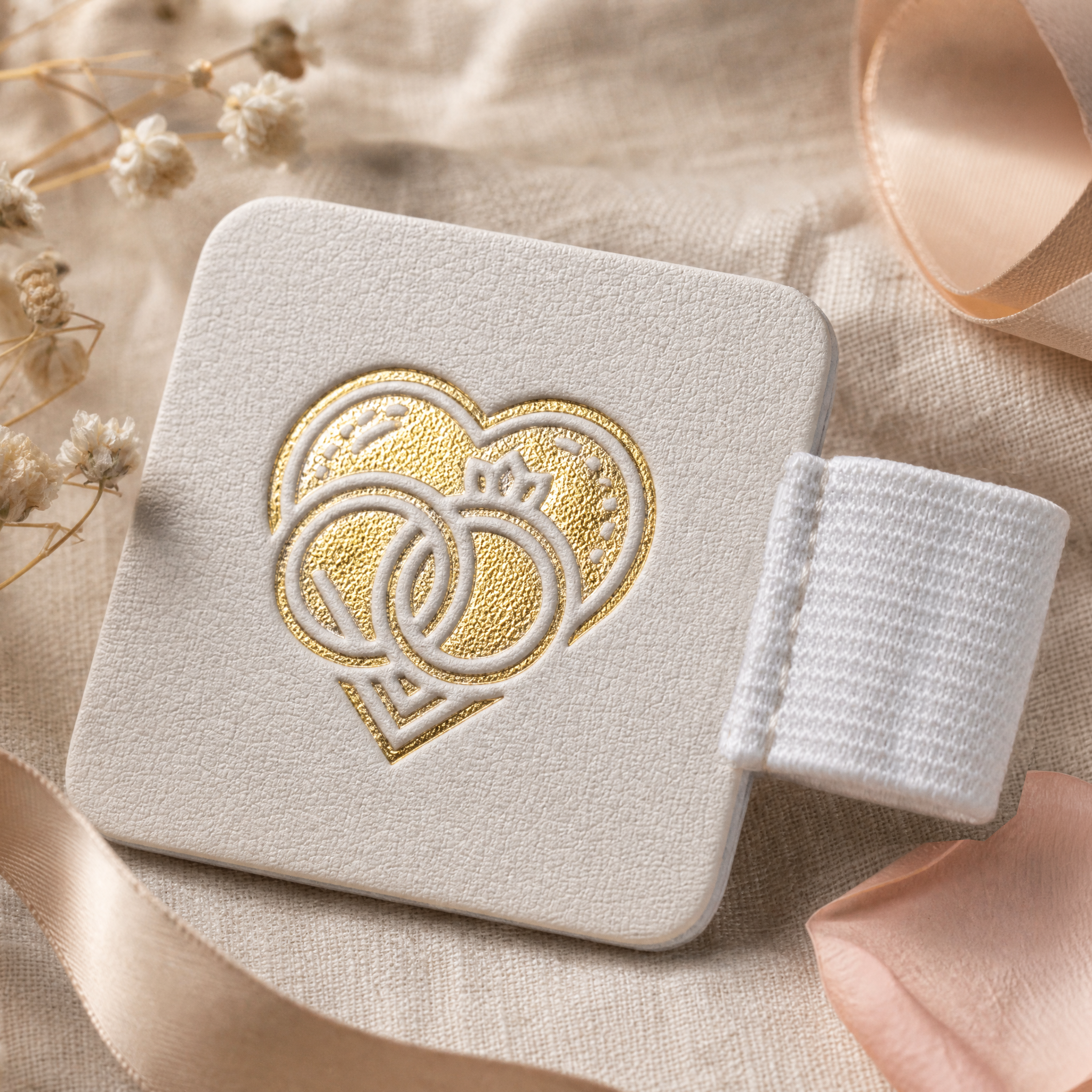 Eine quadratische, beigefarbene Schmuckschatulle mit einem in Gold geprägten Muster aus zwei ineinandergreifenden Ringen im Inneren eines Herzens, auf einem weichen Stoff mit einem Band und getrockneten Blumen drum herum.