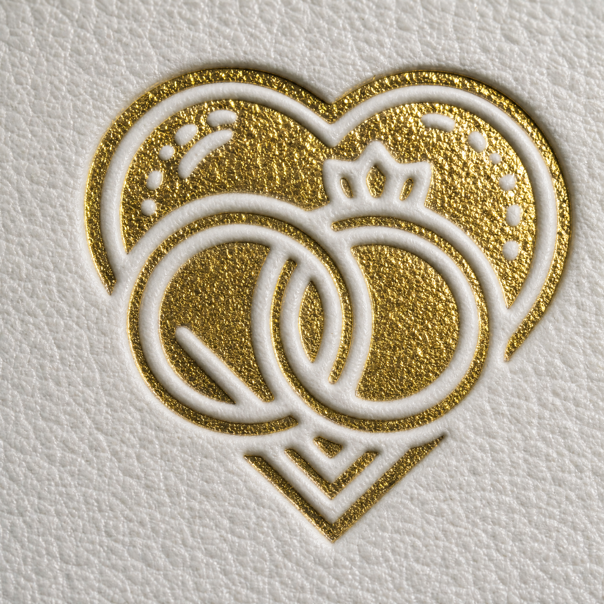 Goldgeprägtes Design zweier ineinandergreifender Eheringe in einer Herzform, gedruckt auf strukturiertem weißem Papier.