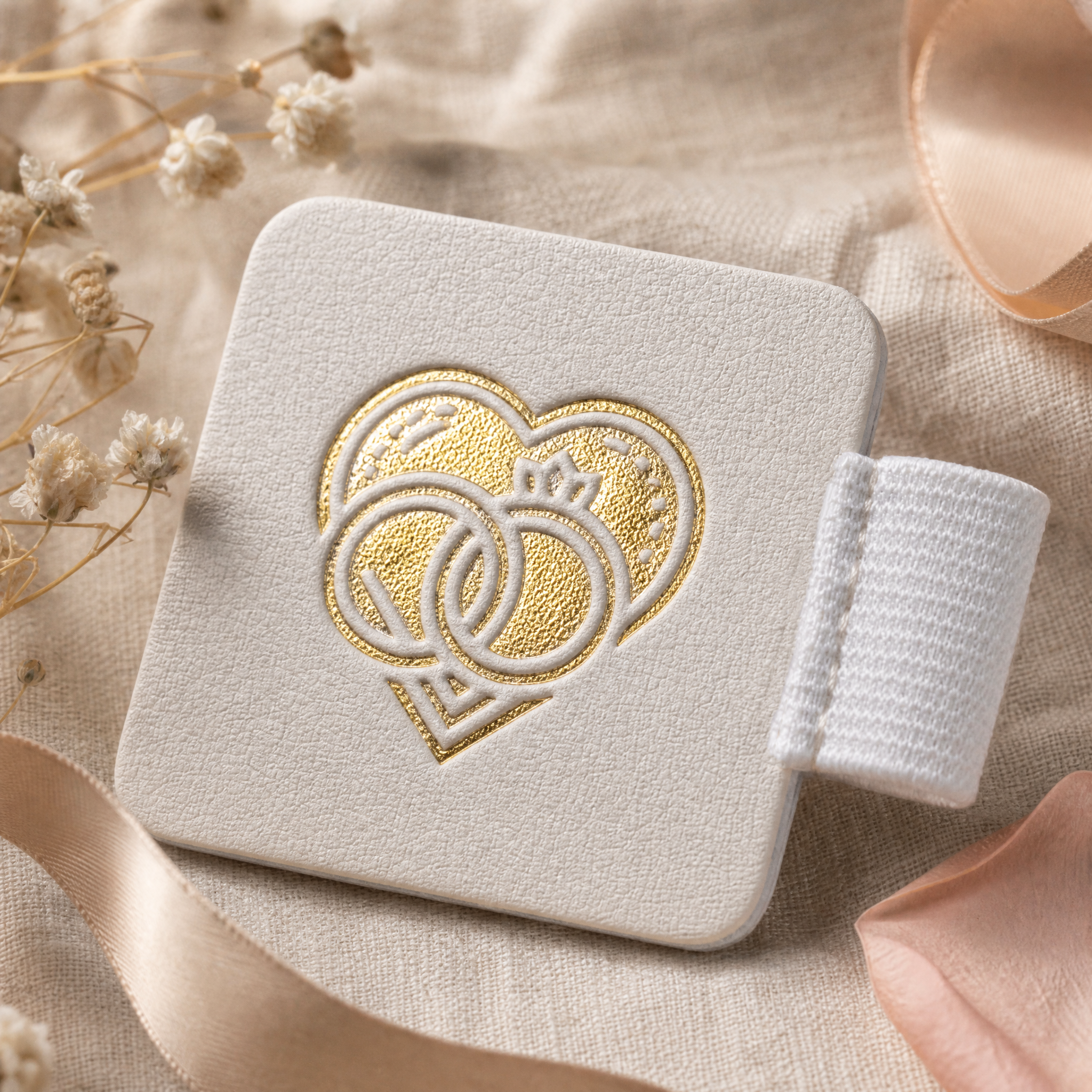 Eine quadratische, cremefarbene Ringschachtel mit einem in Gold geprägten Muster aus zwei ineinandergreifenden Ringen in einem Herz, die auf beigem Stoff mit getrockneten Blumen und rosa Satinbändern ruht.
