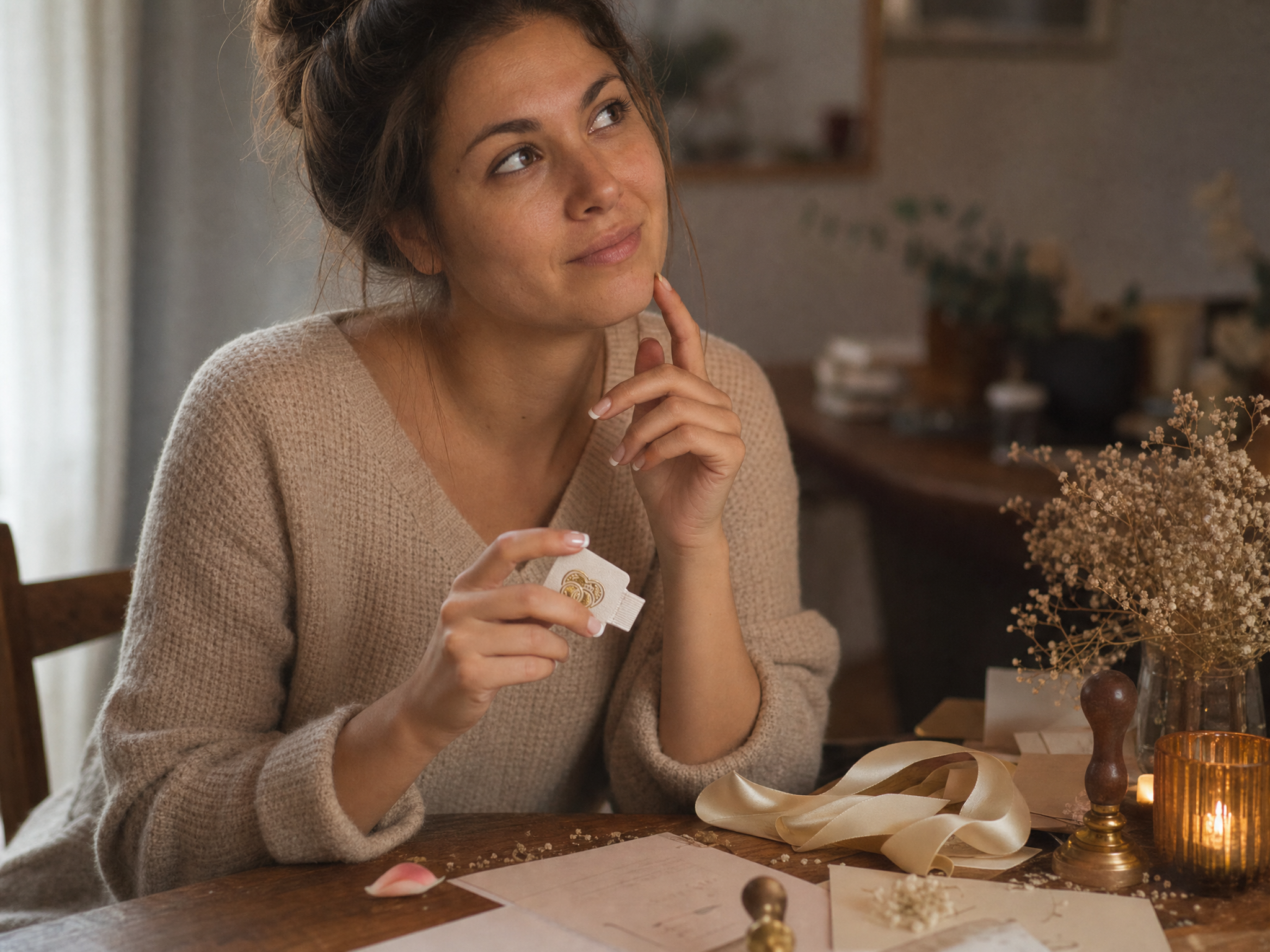 Eine Frau in einem beigen Pullover sitzt an einem Holztisch, hält eine kleine Karte in der Hand und blickt nachdenklich nach oben. Der Tisch ist mit Bändern, Trockenblumen, Papier und einer brennenden Kerze bedeckt.
