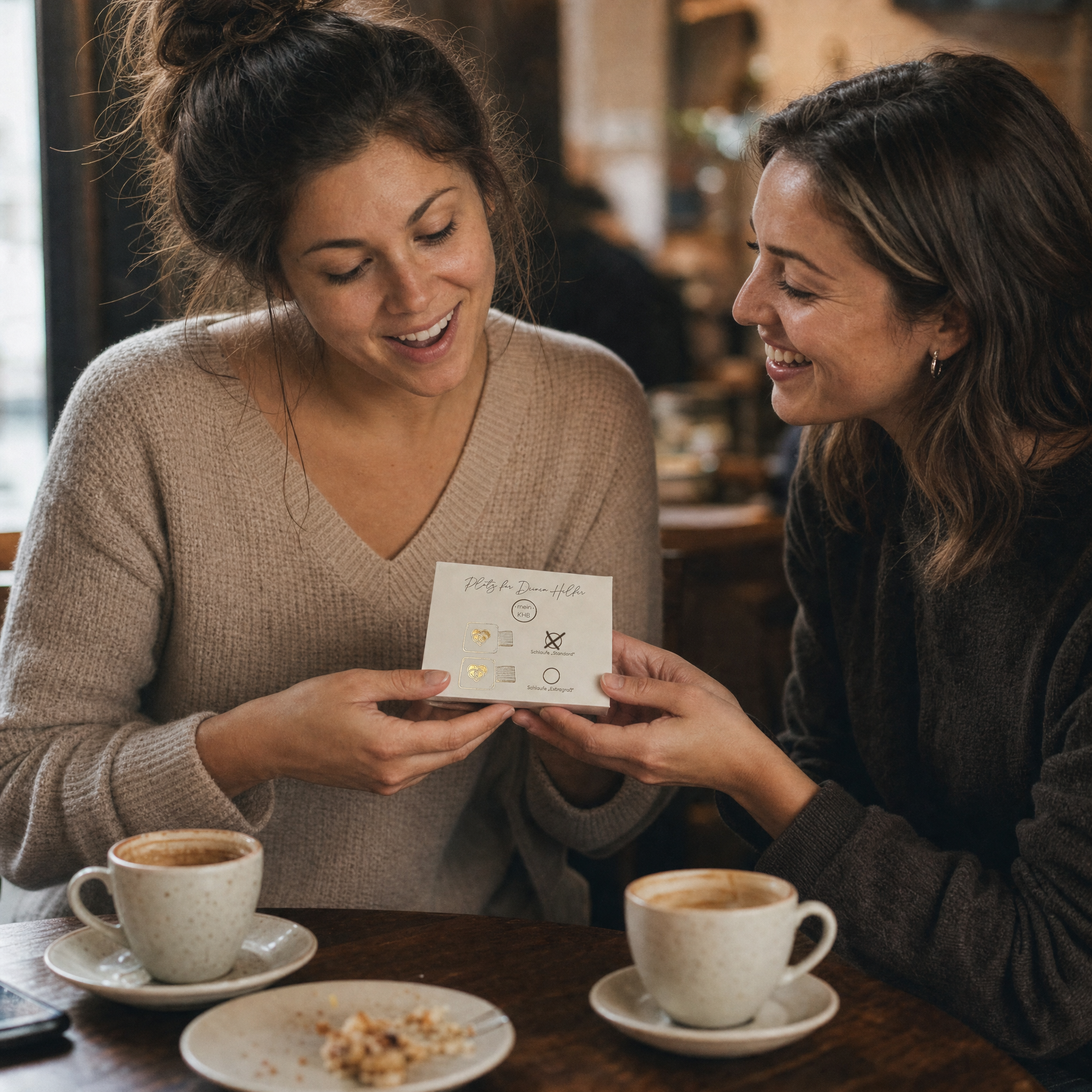 Zwei Frauen sitzen an einem Kaffeetisch mit Kaffee, lächeln und schauen auf eine Karte mit Zeichnungen und Symbolen. Auf dem Tisch stehen zwei Tassen und ein Teller mit Krümeln. Die Atmosphäre ist warm und freundlich.