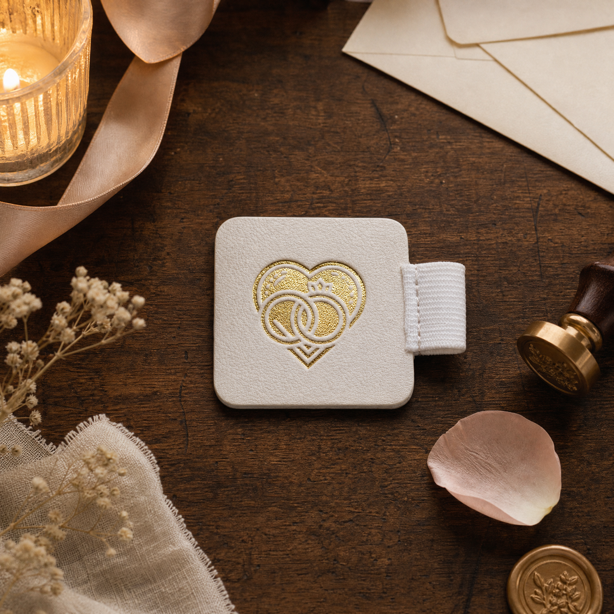 Ein quadratisches weißes Lederetui mit goldenem Herz- und Ringmotiv liegt auf einem Holztisch, umgeben von einer Kerze, einem Band, Umschlägen, einem Wachssiegel, Trockenblumen und einem rosa Rosenblatt.