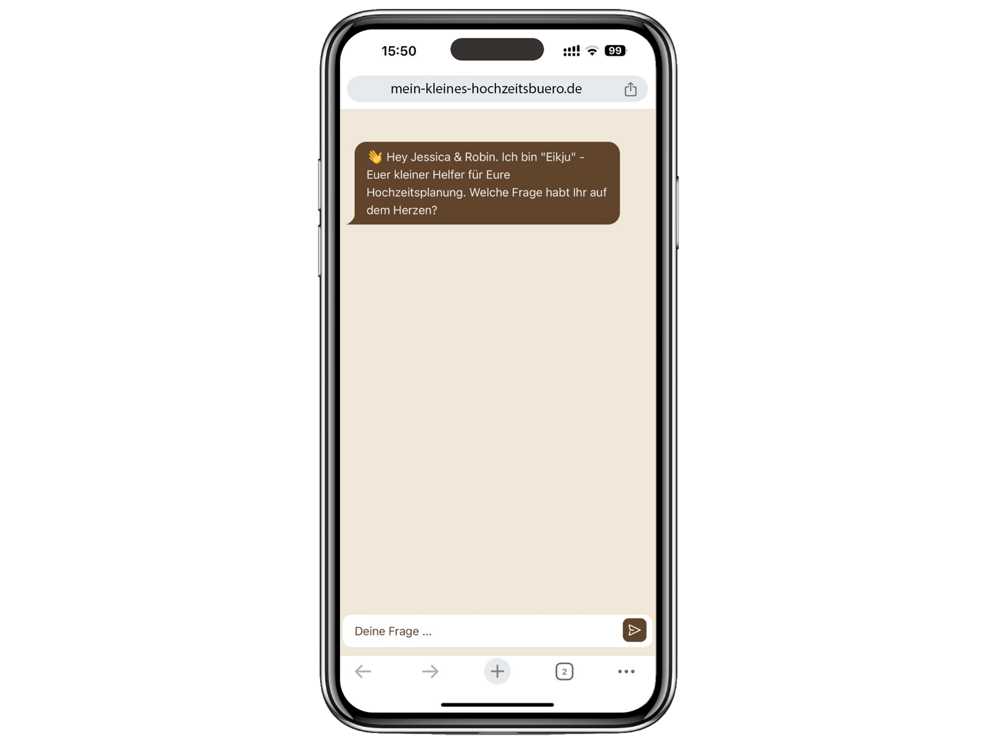Ein Smartphone-Bildschirm zeigt ein Chat-Fenster auf einer Hochzeitsplanungs-Website, in dem ein virtueller Assistent Jessica und Robin begrüßt und fragt, welche Fragen sie zur Hochzeitsplanung haben.