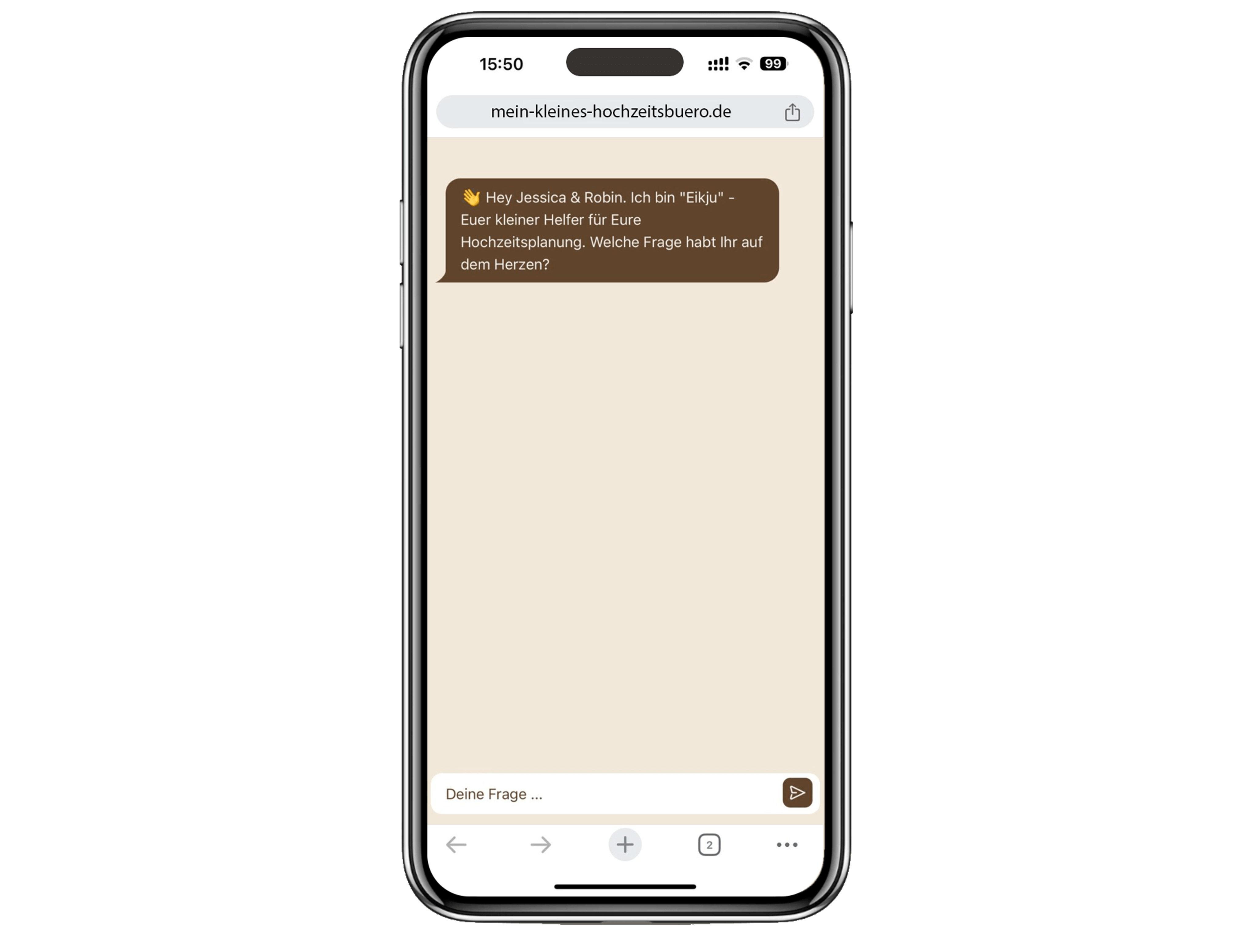 Ein Smartphone-Bildschirm zeigt ein Chat-Fenster auf einer Hochzeitsplanungs-Website, in dem ein virtueller Assistent Jessica und Robin begrüßt und fragt, welche Fragen sie zur Hochzeitsplanung haben.