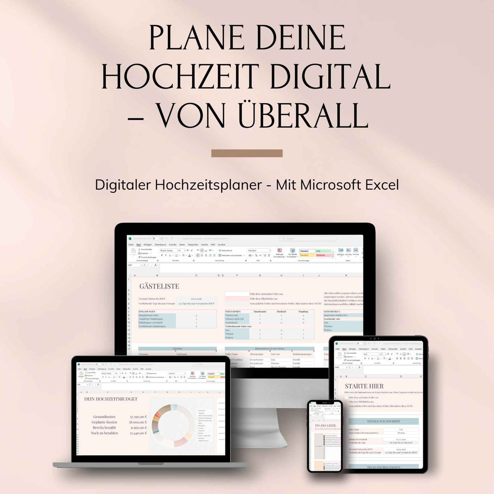 Der "Digitaler Hochzeitsplaner - Excel" von Mein kleines Hochzeitsbüro zeigt Tabellen  Diagramme auf einem Laptop vor blumigen Motiven mit Excel-Logo - perfekt für alle, die ihre Hochzeitsplanung digital gestalten möchten.