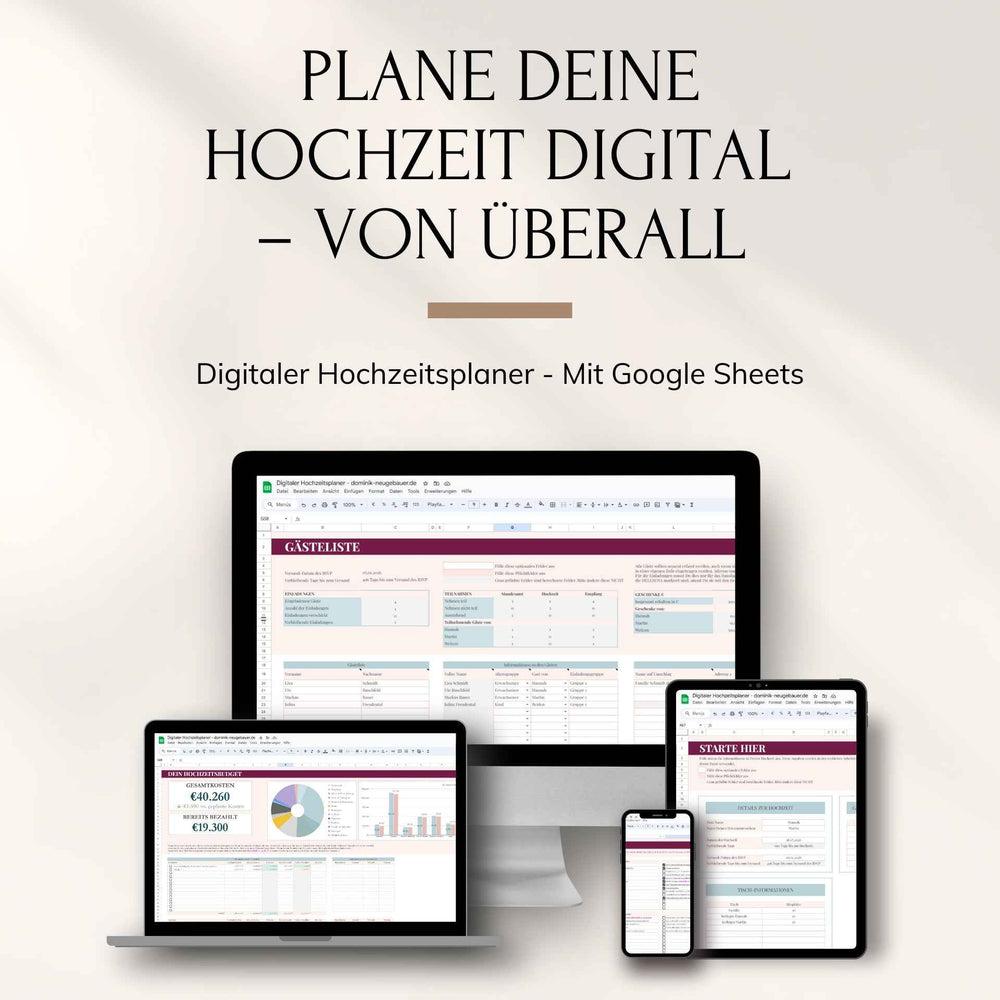 Auf einem Laptop ist eine deutschsprachige Tabelle mit Diagrammen und Tabellen für das Hochzeitsbudget zu sehen. Ein Blumendekor umgibt es und unterstreicht "Digitaler Hochzeitsplaner - Google Sheets" von Mein kleines Hochzeitsbüro; das Google Sheets-Symbol erscheint in der oberen rechten Ecke.