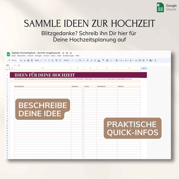 Digitaler Hochzeitsplaner – Google Sheets