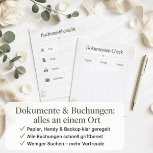 Zwei Listen aus dem „Honeymoon Escape Kit“ von „Mein kleines Hochzeitsbüro“ liegen auf hellem Hintergrund mit Blumen, einem grünen Band und einem goldenen Stift. Text: „Dokumente  Buchungen: alles an einem Ort“ mit drei Häkchen.