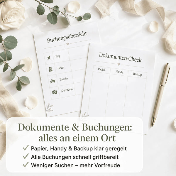Zwei Listen aus dem „Honeymoon Escape Kit“ von „Mein kleines Hochzeitsbüro“ liegen auf hellem Hintergrund mit Blumen, einem grünen Band und einem goldenen Stift. Text: „Dokumente  Buchungen: alles an einem Ort“ mit drei Häkchen.